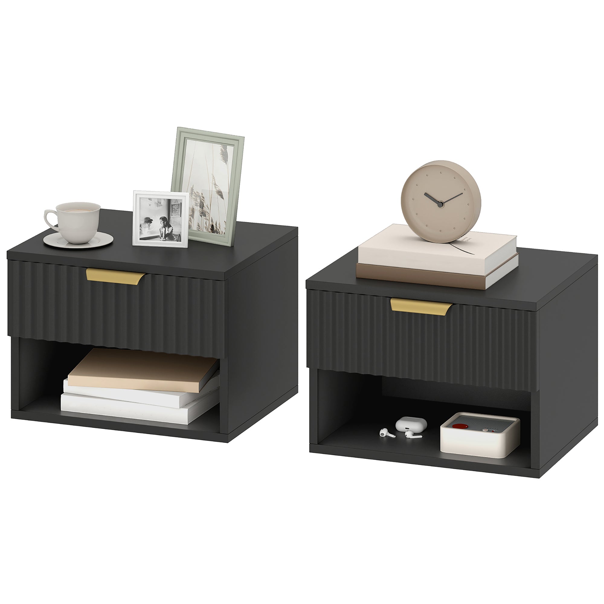 Lot de 2 tables de chevet suspendues, tables de nuit murales avec tiroir à fermeture douce et niche de rangement, moderne pour chambre, salon, 40 x 34 x 29 cm, noir