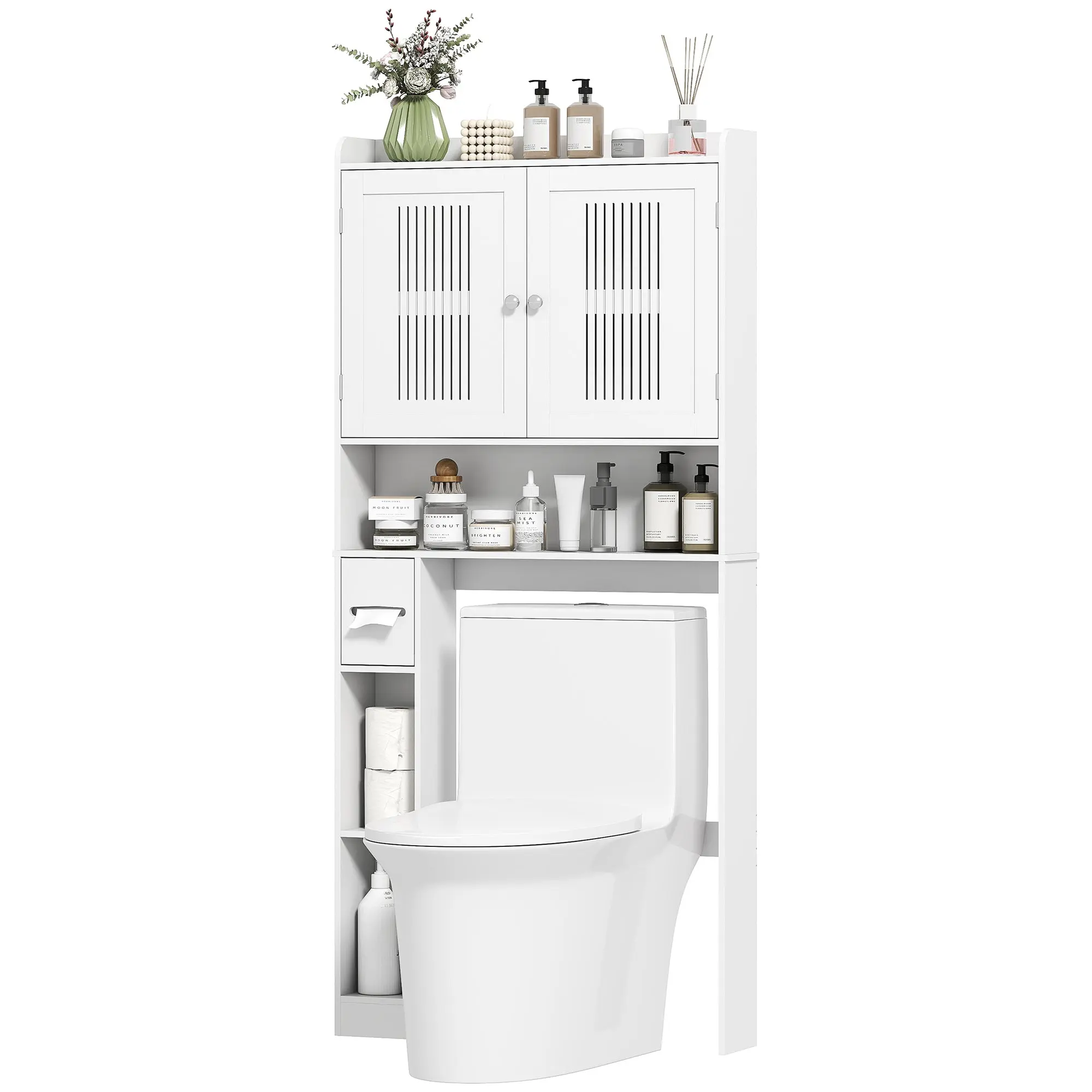Meuble WC dessus de toilette/machine à laver avec placard à porte double, étagère réglable, meuble toilettes WC rangement armoire salle de bain avec niches et porte-papier, 80x19,5x170cm, blanc
