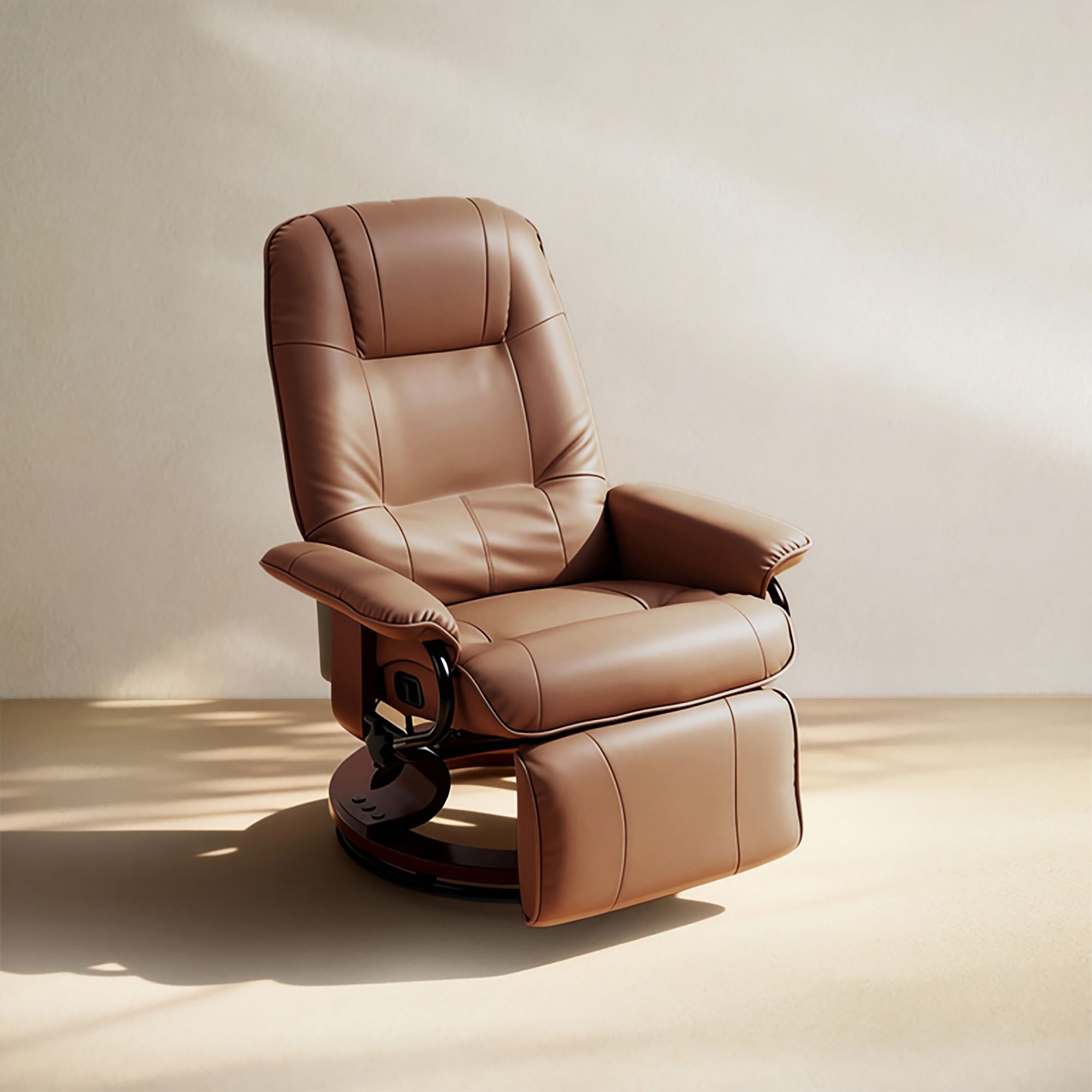 Fauteuil Relax Inclinable Pivotant 360° avec Repose-Pied Réglable, Piètement Bois et Revêtement Synthétique, Marron