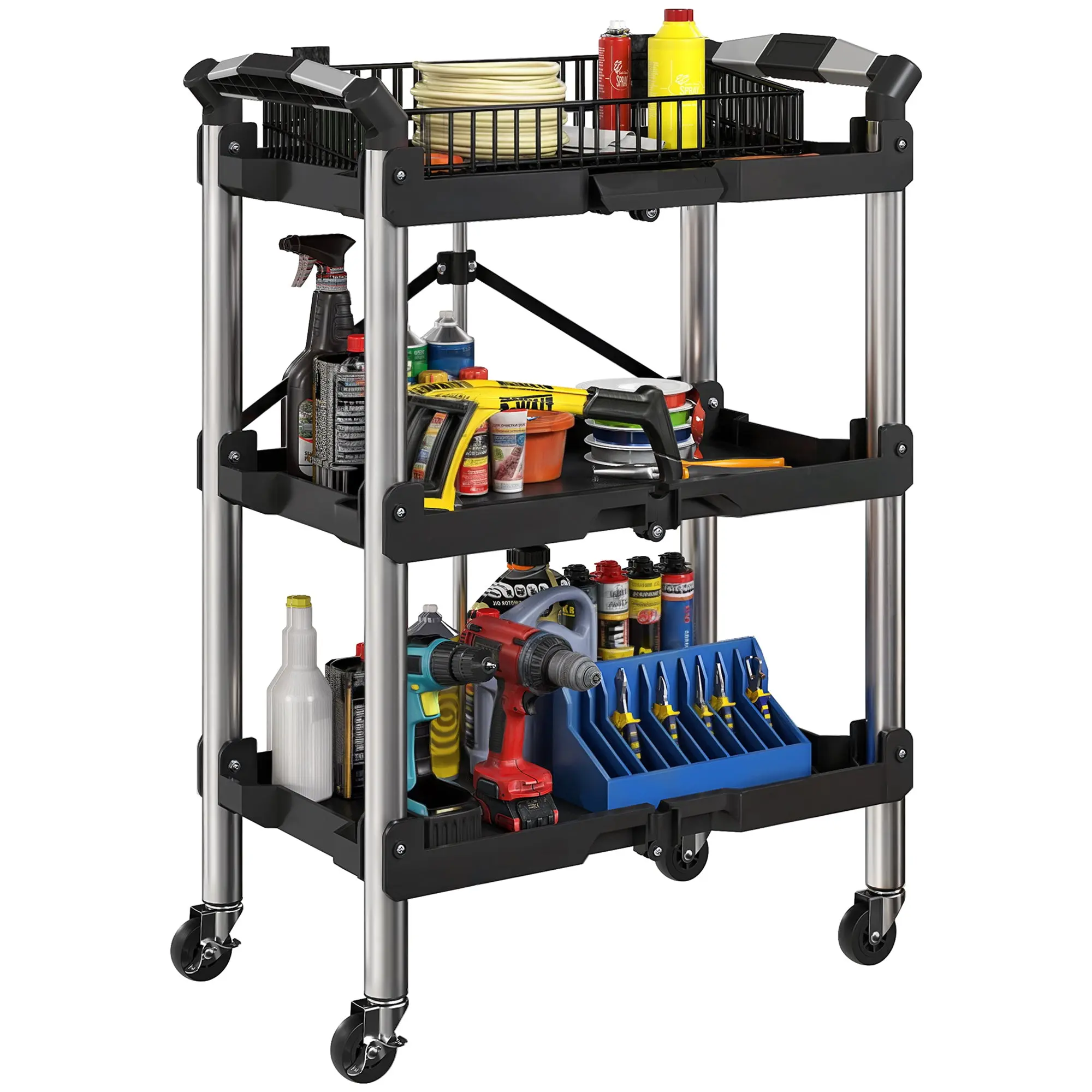 Workshop Trolley with 3 Shelves, Folding Tool Cart with Handle, Assembly Cart for Warehouse, Garage, up to 68 kg Load Capacity, Black