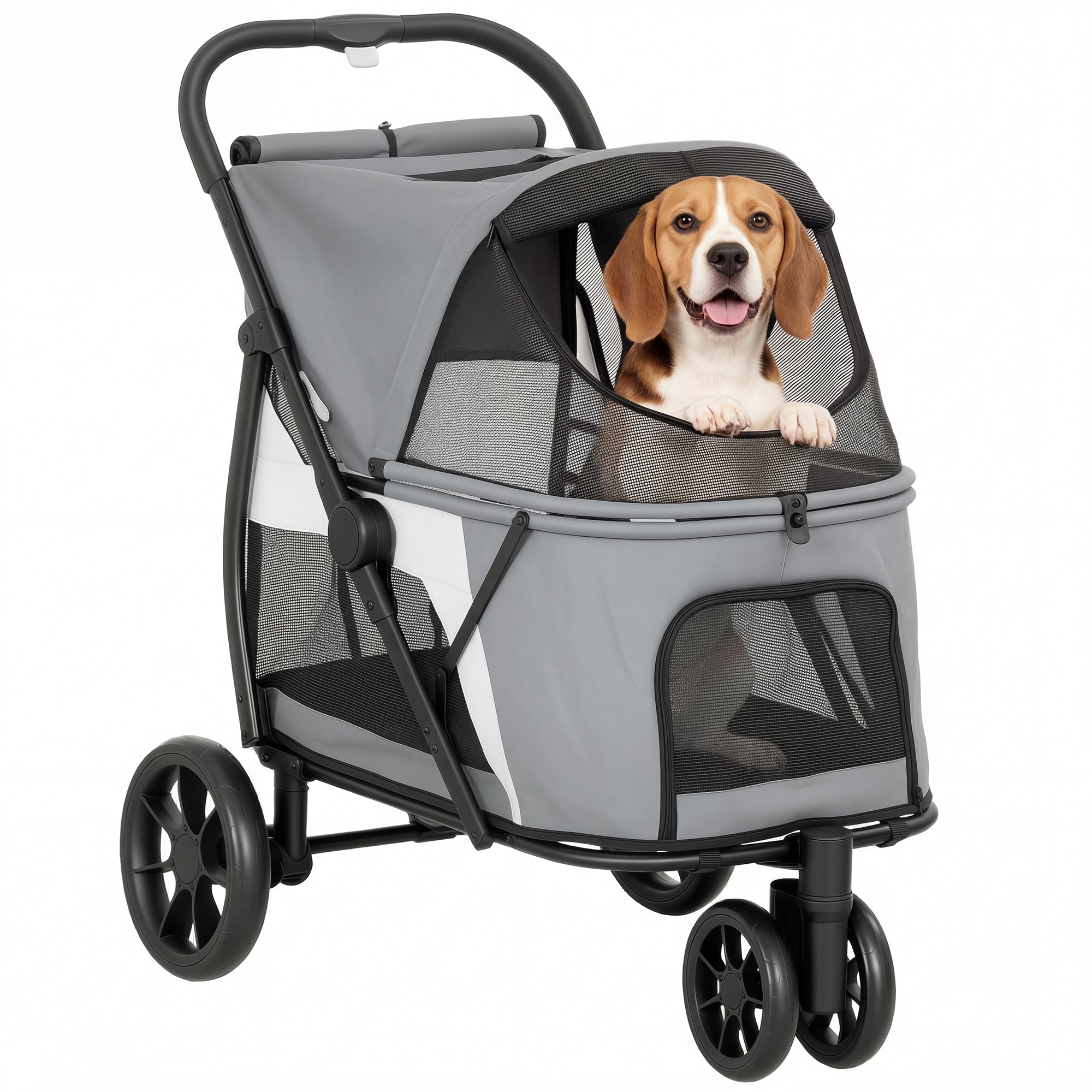 Foldable Dog Stroller / Pet Buggy for Dogs & Cats — Up to 44 lb (20 kg), Washable Cushion, Mesh Windows, 3 Wheels, Door, Rear Pocket, Gray