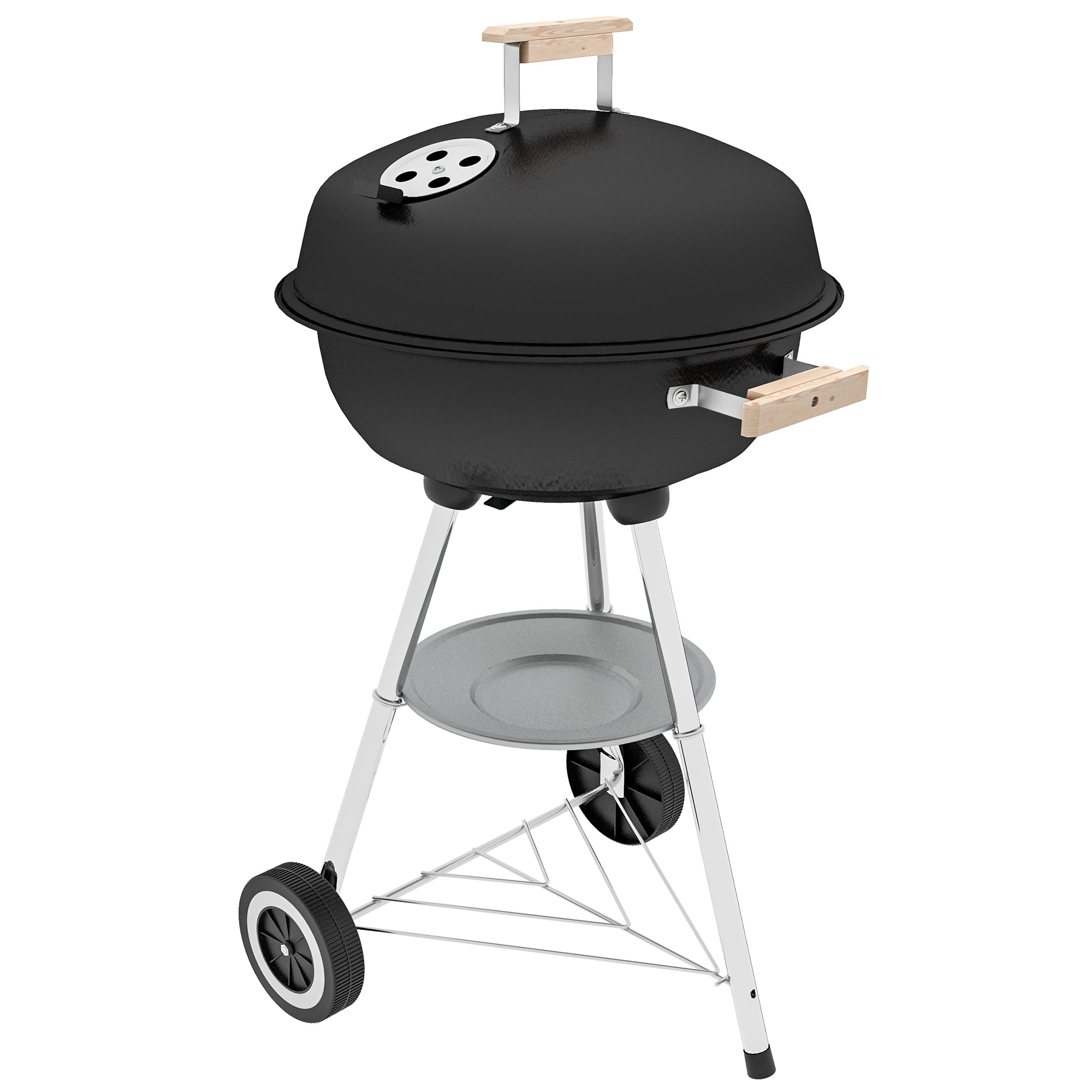 Outsunny Holzkohle BBQ Grill mit Rädern - Tragbarer Holzkohlegrill mit emailliertem Deckel und Schüssel, Holzgriffen, 48x56x85cm für Garten, Picknick und Camping