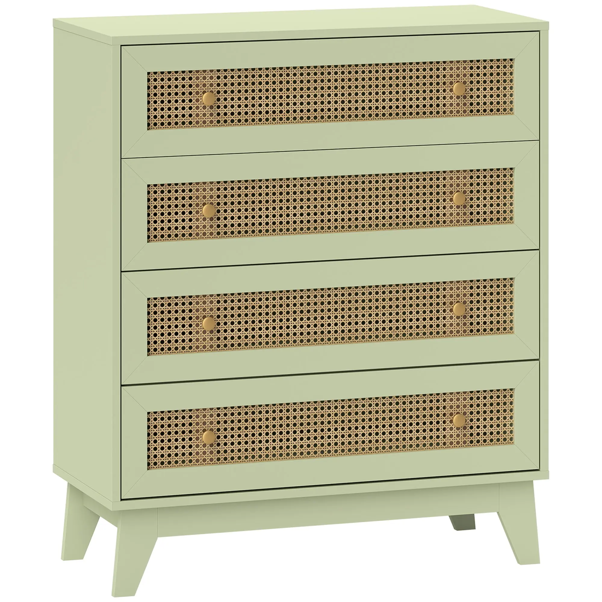 4-Drawer Chest with Rattan Cane Fronts, Light Wood Finish & Green — 31.5 x 13.8 x 37.4 in