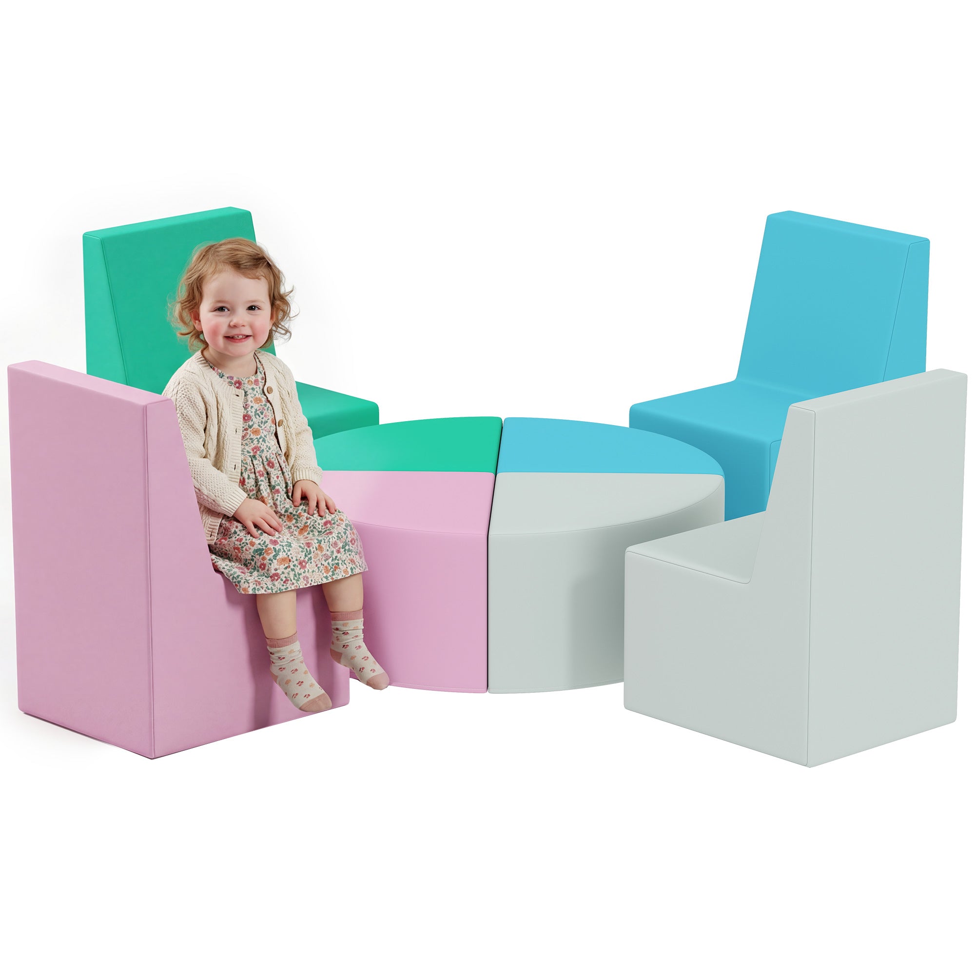 AIYAPLAY 8-teilige Soft-Schaum-Bausteine für Kinder – Tisch- und Hocker-Set, PU-Bezug, Mehrfarbig