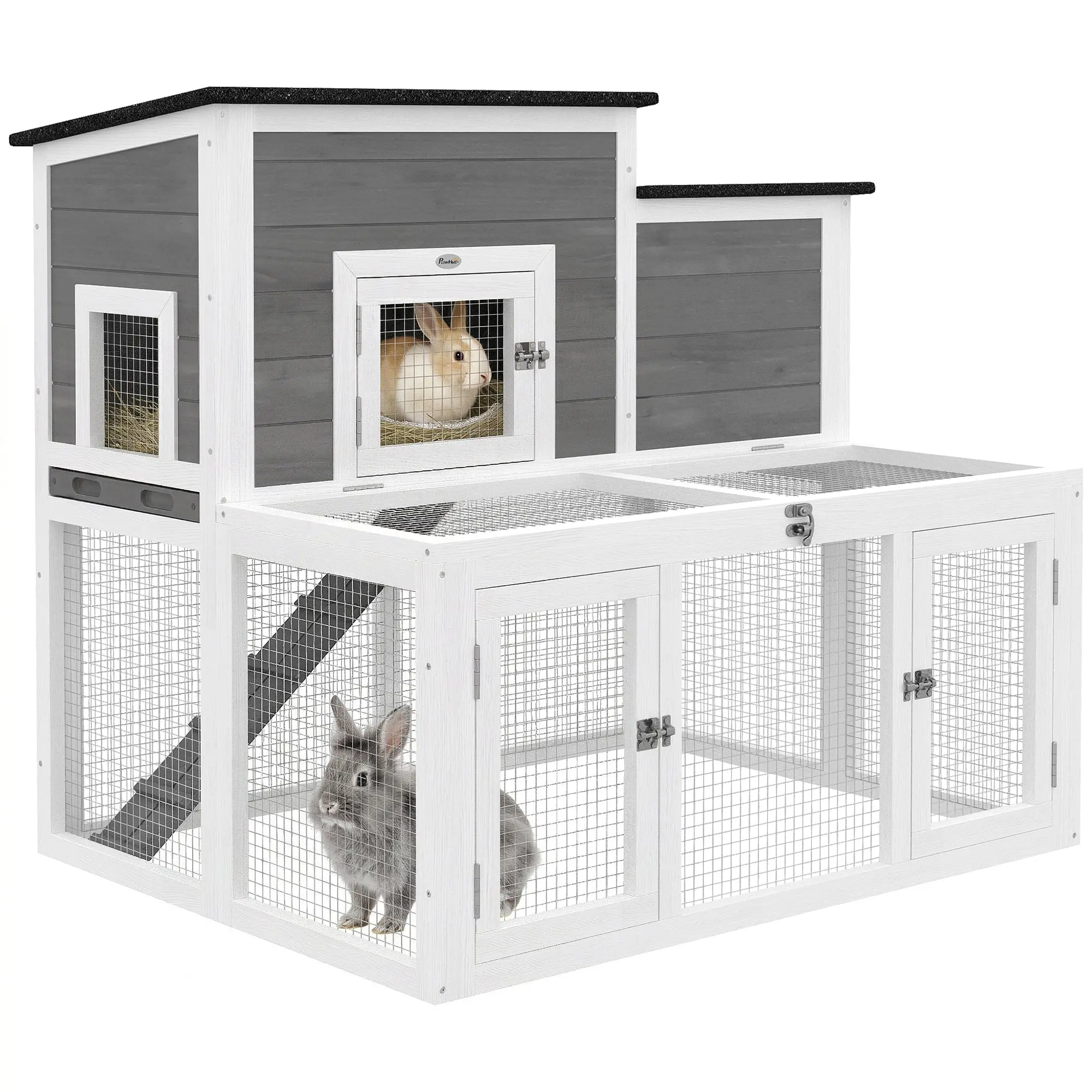 Wooden Outdoor Rabbit Hutch, Waterproof Double Top — 2-Level Indoor/Outdoor Cage with Enclosed Run, Deep Leak-Proof Tray & Ramp — Gray