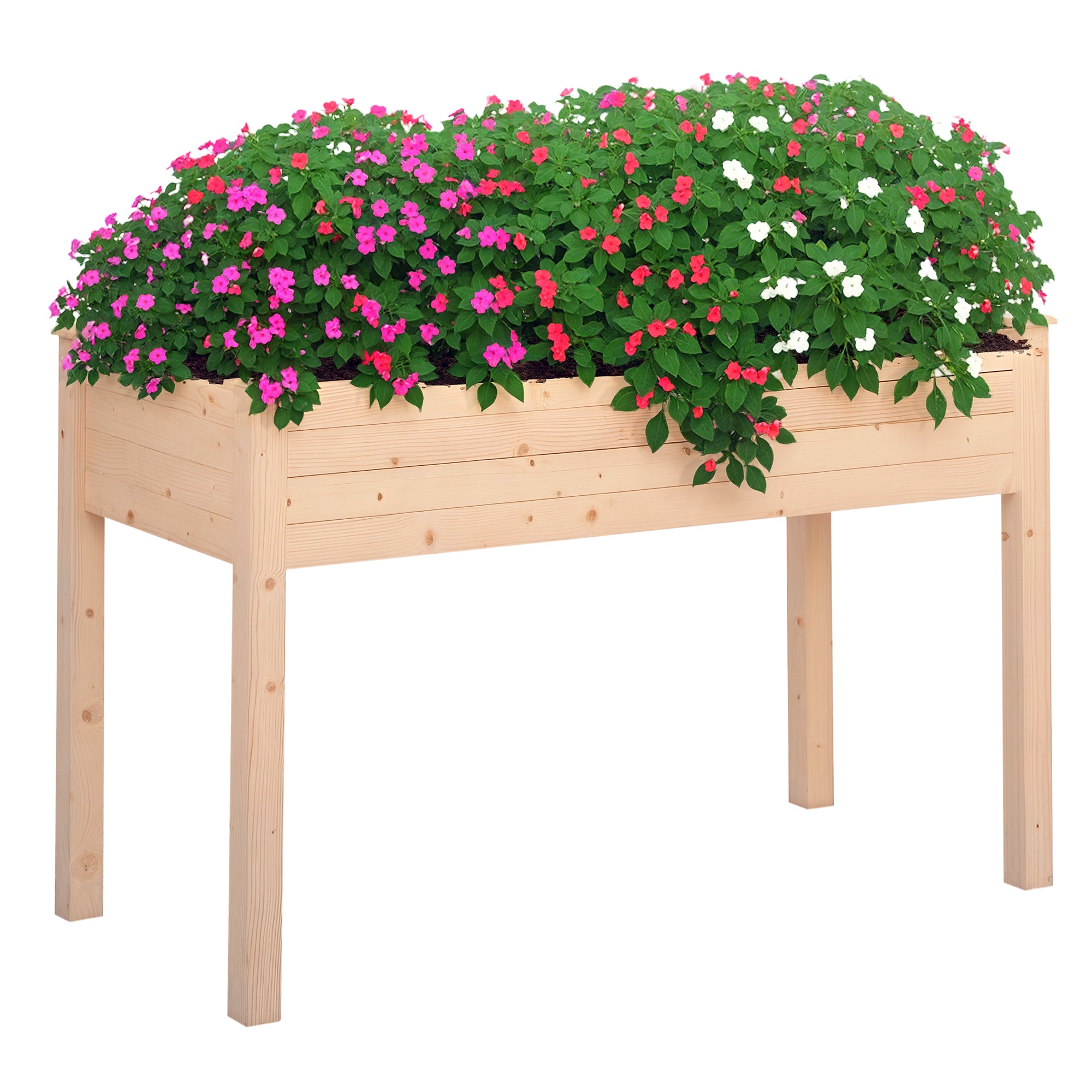 Outsunny Tõstetud Aed Looduslik Puit 122.5x56.5x76 cm Tõstetud istutustabel, Mitte-kootud Kangaga ja 4 Äravoolu Auguga Külvidele, Taimele, Lilledele, Aia Terrassile, Väljas Looduslik