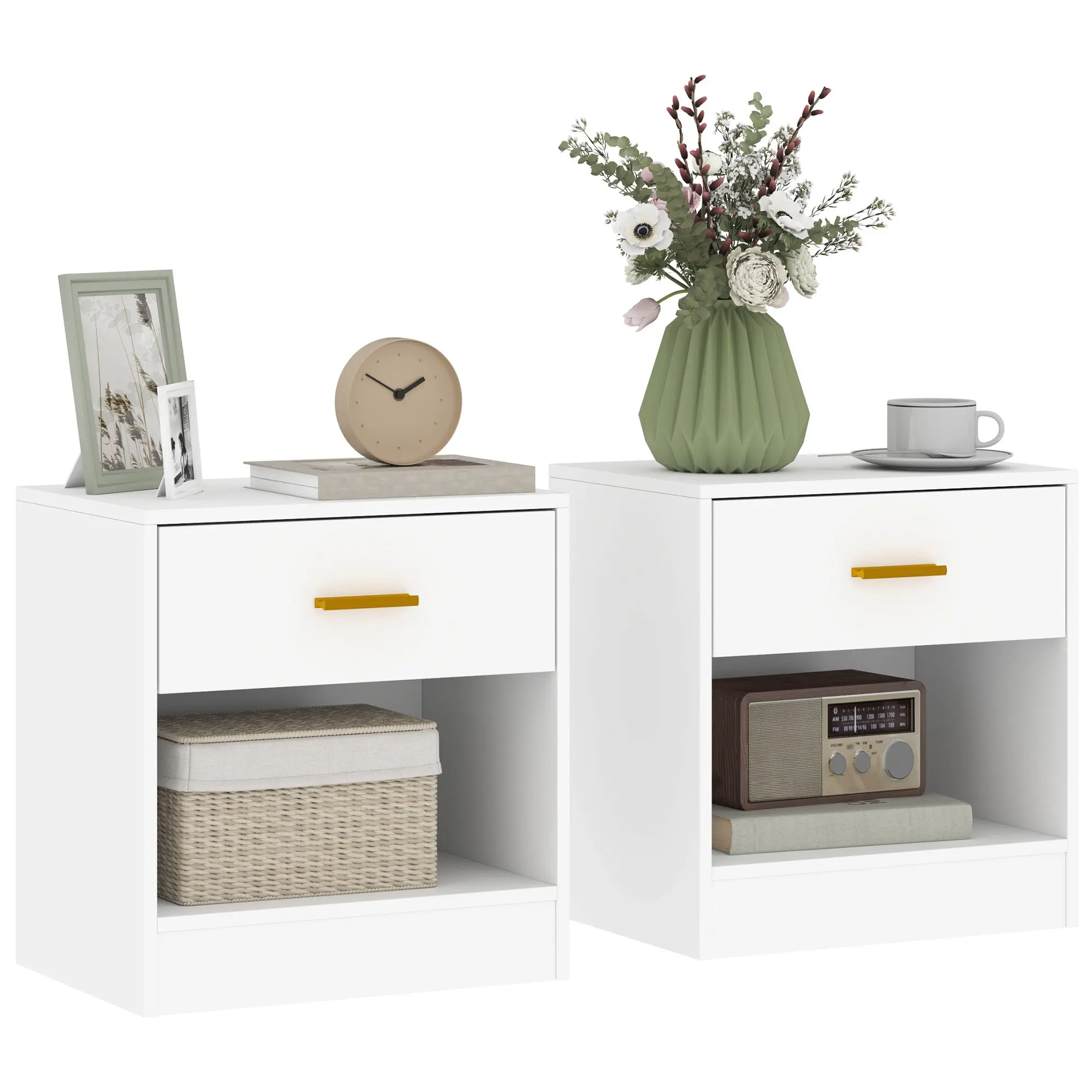 Set of 2 Modern Bedside Tables with Drawer and Open Shelf, Particle Board Bedside Tables, 39x28x41 cm, White