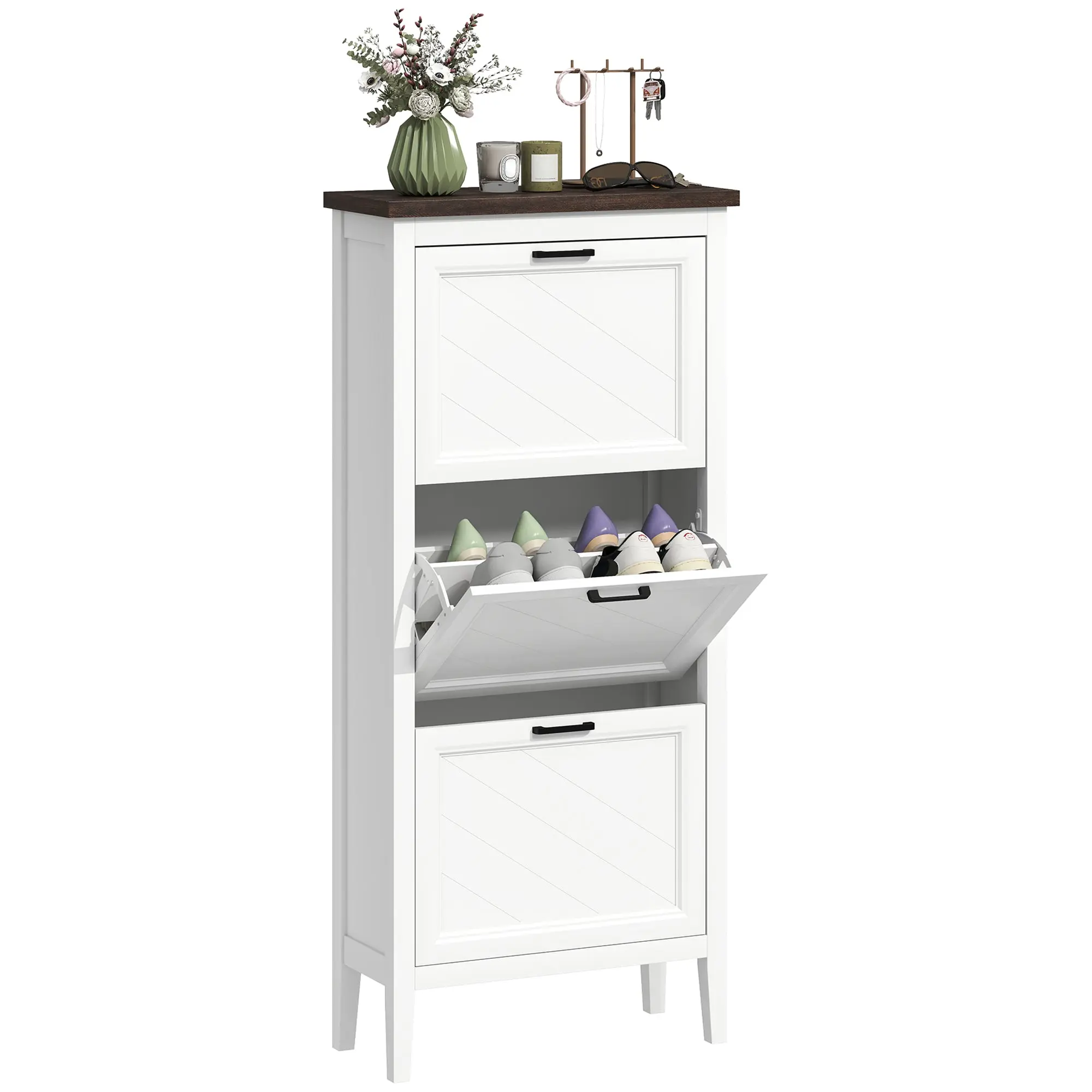 Shoe Cabinet for 18 Pairs – Narrow 3-Tilt Drawer Shoe Cupboard with Adjustable Shelves, Rustic Style, for Hallway & Entry, 60 x 26.5 x 133.7 cm (23.6 x 10.4 x 52.6 in), White