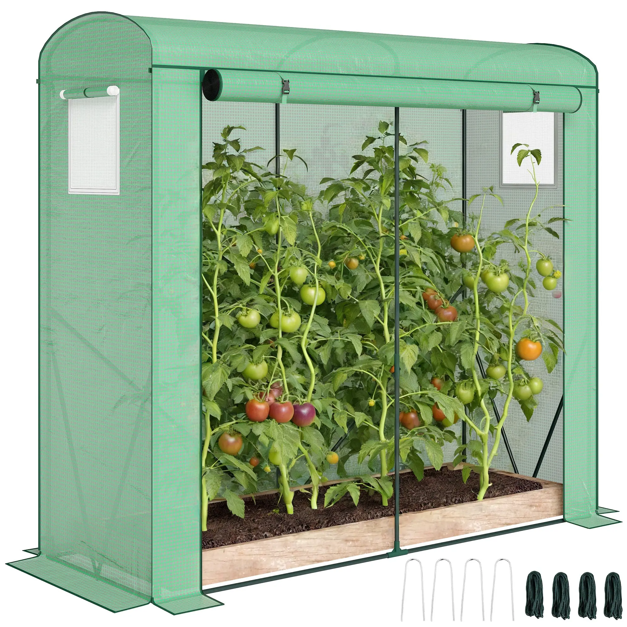 Greenhouse with Mesh Windows & Roll-Up Door, Steel-Frame PE Greenhouse, 200 x 75 x 188 cm, Ideal for Tomatoes, Vegetables & Flowers, Green