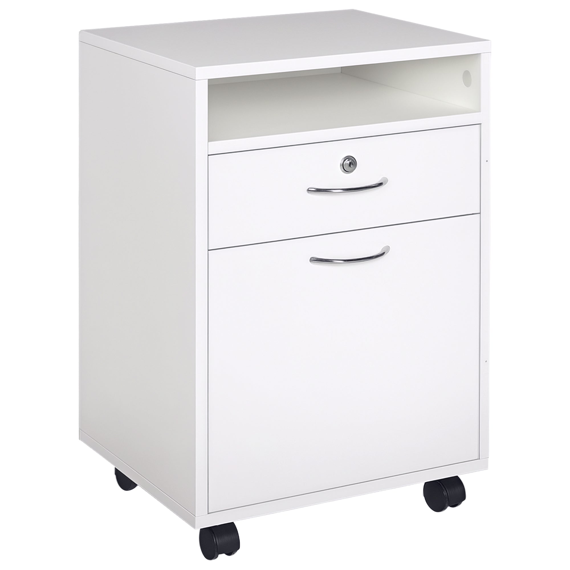 HOMCOM Büroaktenwagen mit 2 Schlüsseln, Schublade, Schrank und 4 Rädern in weißem Holz, 40x35x60cm