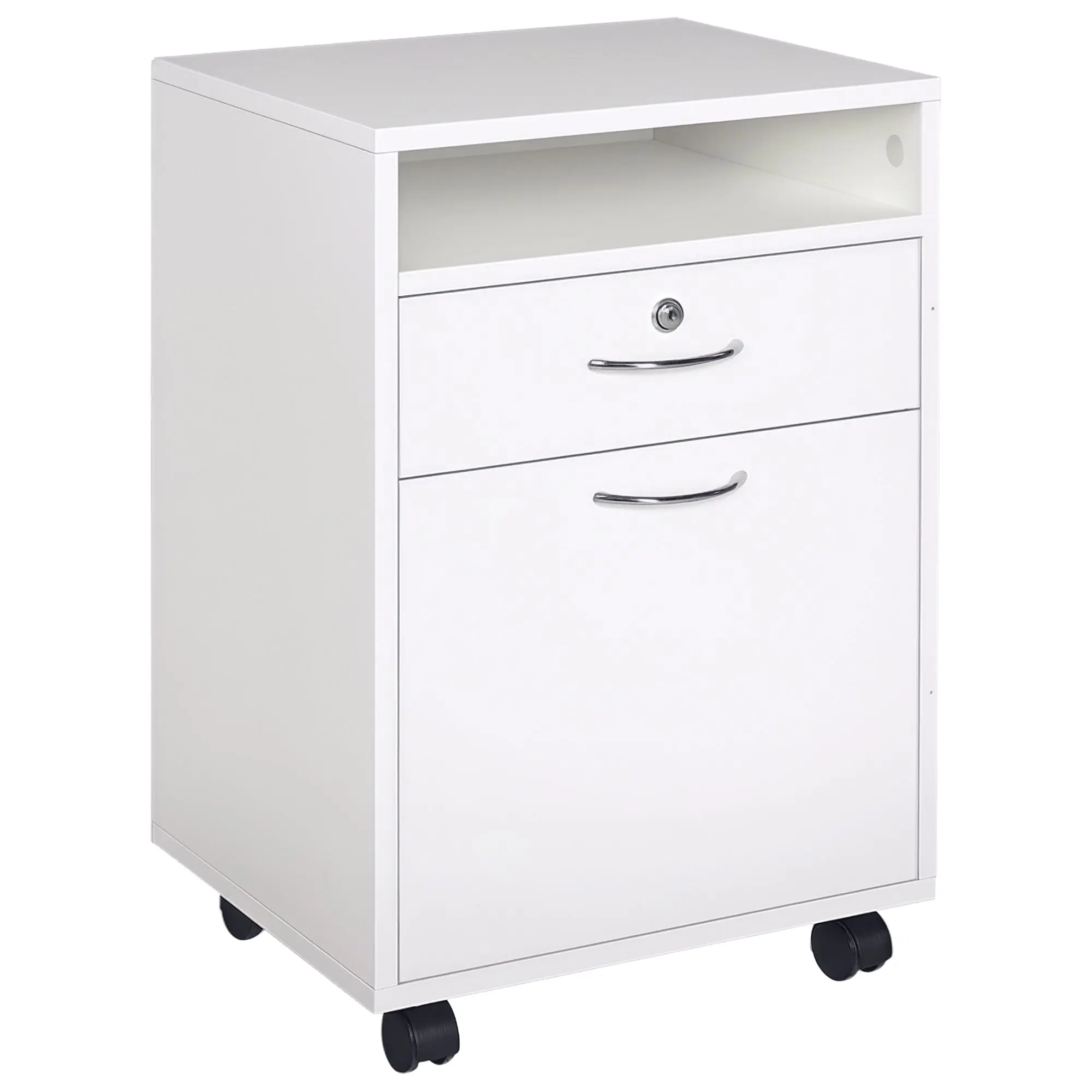 Office File Cart with 2 Keys, Drawer, Cabinet, and 4 Wheels in White Wood, 40x35x60cm