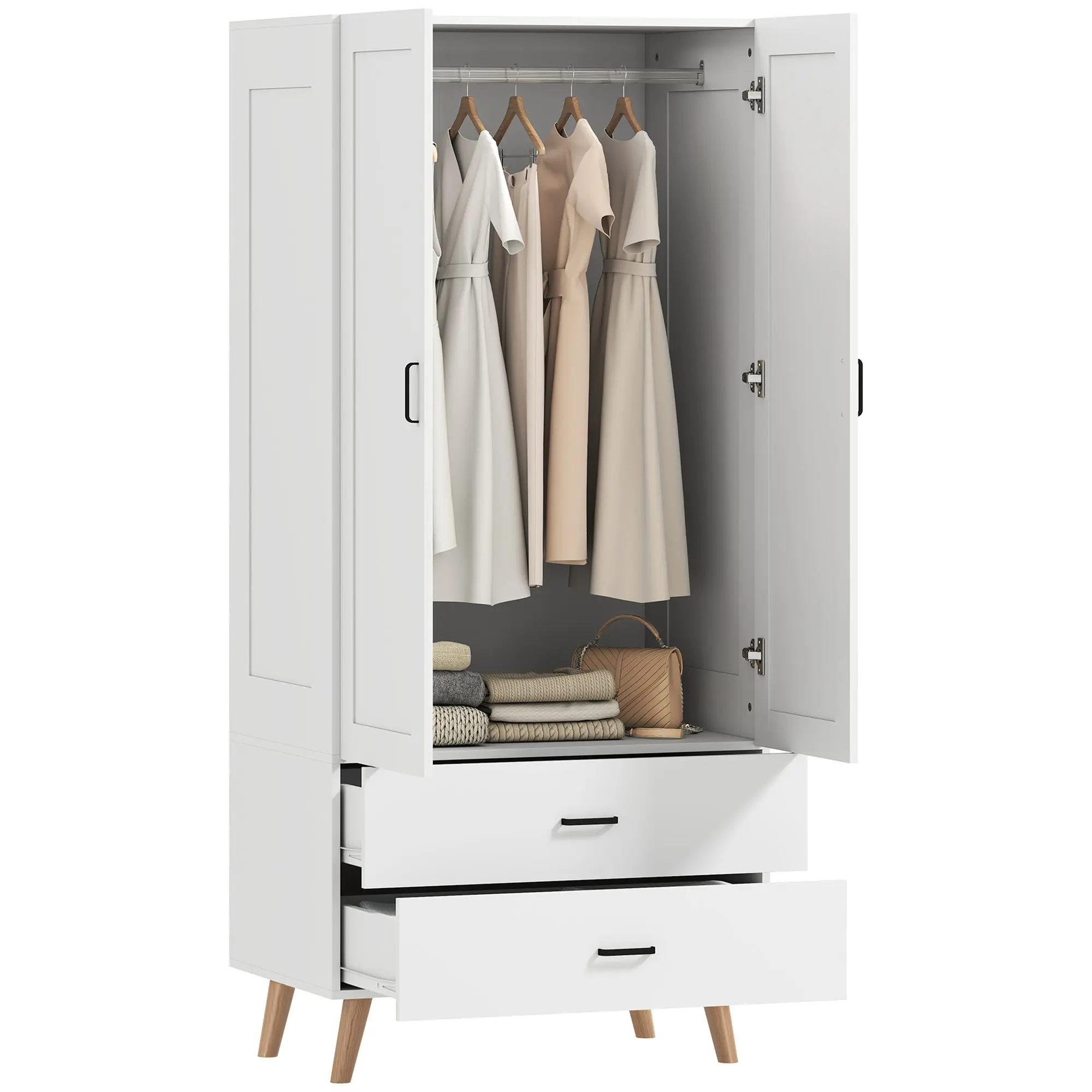 2-Door Wardrobe with Soft-Close Doors, 2 Drawers & Hanging Rail, Raised Wood Legs — White (80 x 54 x 180 cm / 31.5 x 21.3 x 70.9 in)
