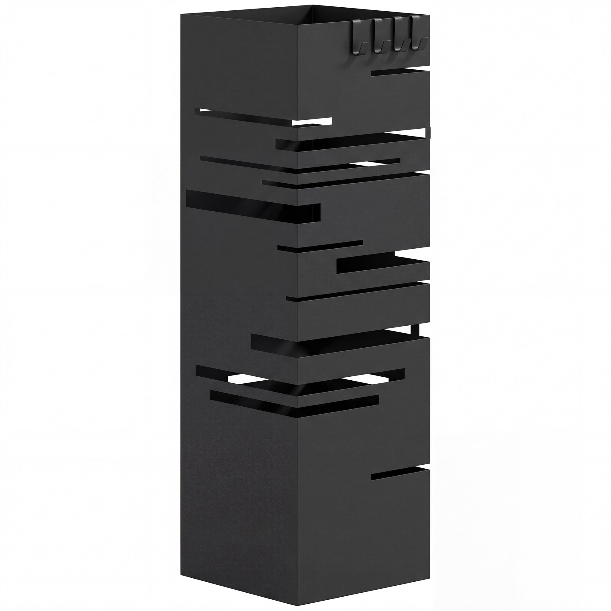 Metal Umbrella Stand with 4 Hooks and Removable Drip Tray, Black — Entryway/Office, 15.5 x 15.5 x 49 cm (6.1 x 6.1 x 19.3 in)