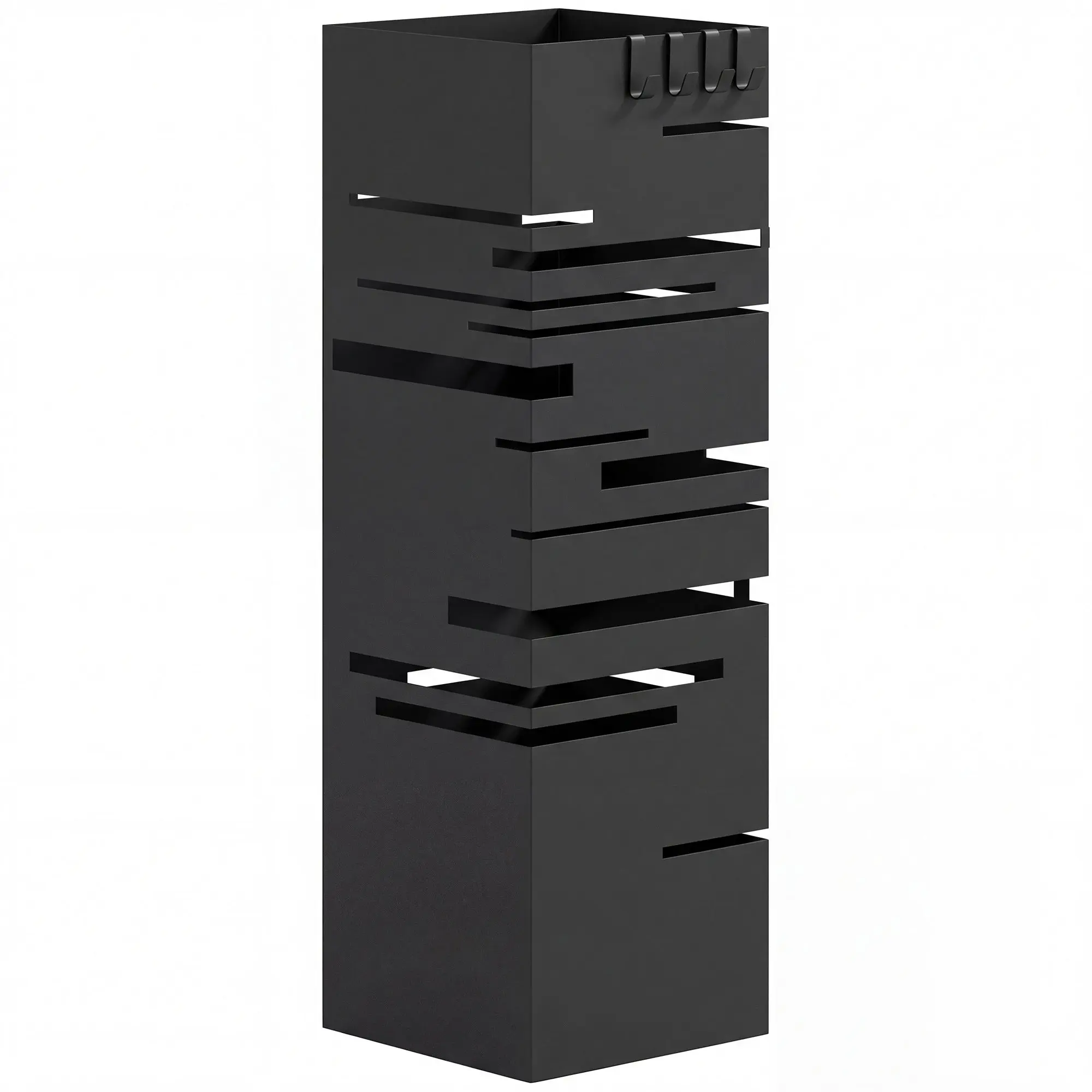 Metal Umbrella Stand with 4 Hooks and Removable Drip Tray, Black — Entryway/Office, 15.5 x 15.5 x 49 cm (6.1 x 6.1 x 19.3 in)