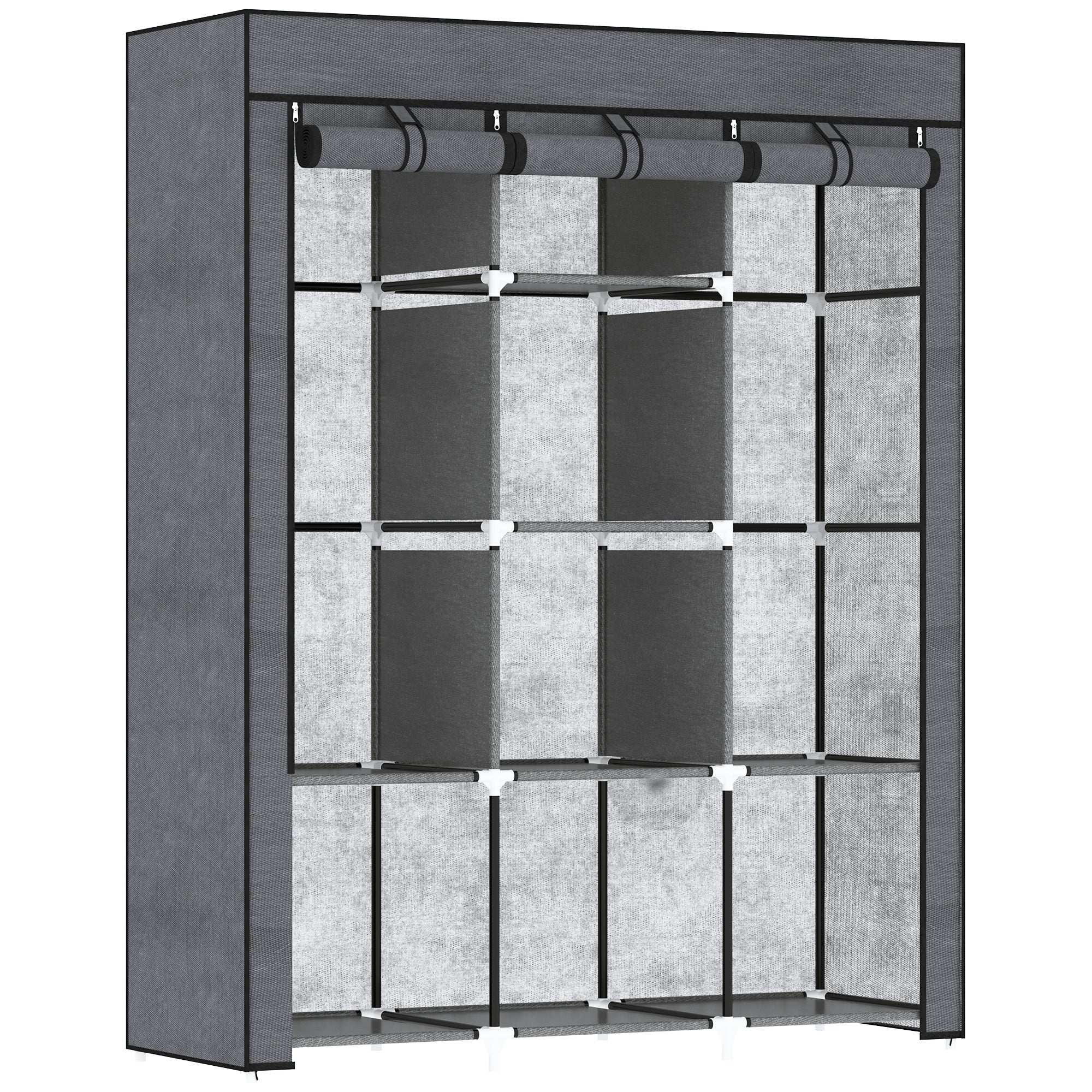 HOMCOM Stoffkleiderschrank, Kleiderschrank mit Kleiderstangen, 8 Ebenen, Faltbarer Kleiderschrank, Zusammenklappbarer Kleiderschrank für Schlafzimmer, Flur, Vliesstoff, Dunkelgrau, 125 x 43 x 162,5 cm