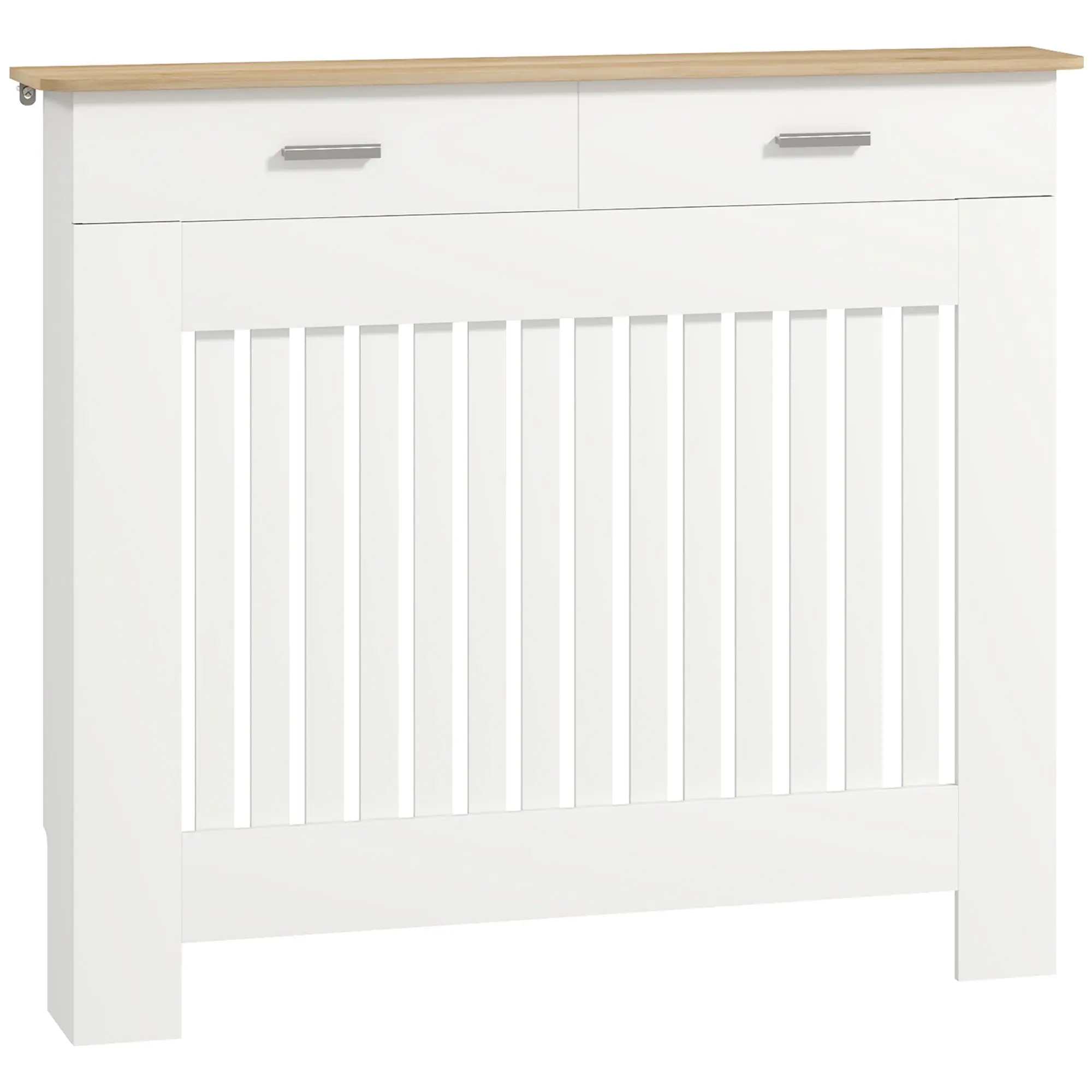 Radiator Cover with Anti-Tip Slats and Drawer, Wood Radiator Cover, 112x19x97 cm, White