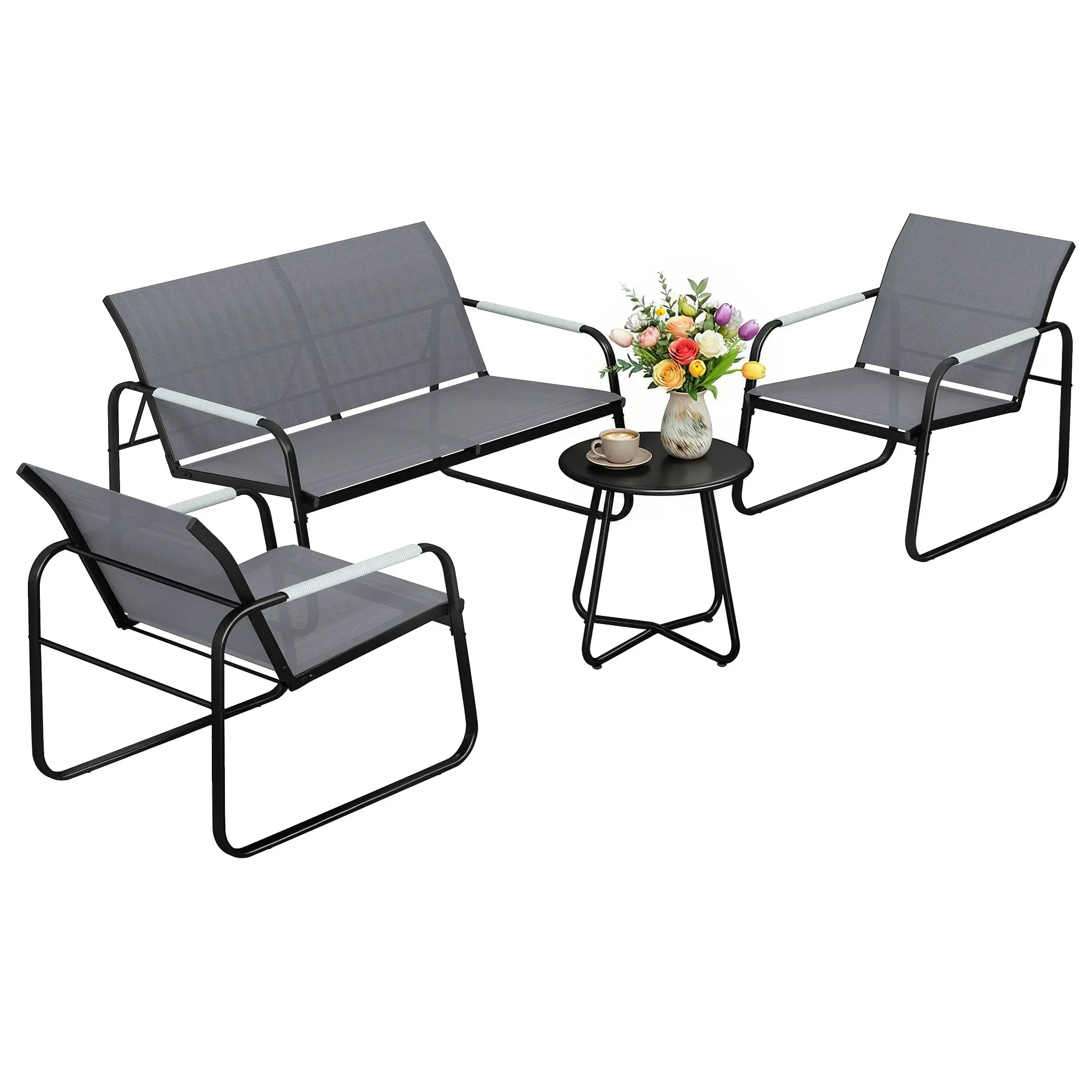 4-Piece Outdoor Patio Set for 4 — Breathable Garden Lounge with 2-Seat Sofa, 2 Armchairs, Woven Rope Round Table, Adjustable Feet, Weatherproof (Gray)