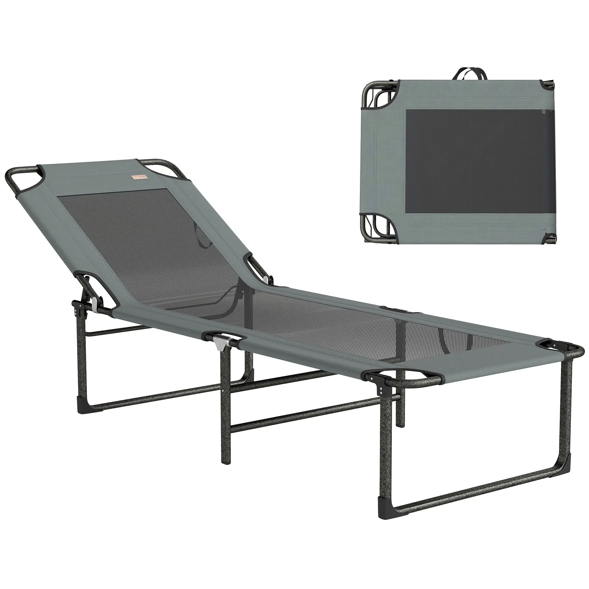 Folding Sun Lounger with 4-Level Reclining Backrest, Breathable Texteline Seat, Handles — For Beach, Pool, Garden — 175 x 58 x 68 cm (Gray)