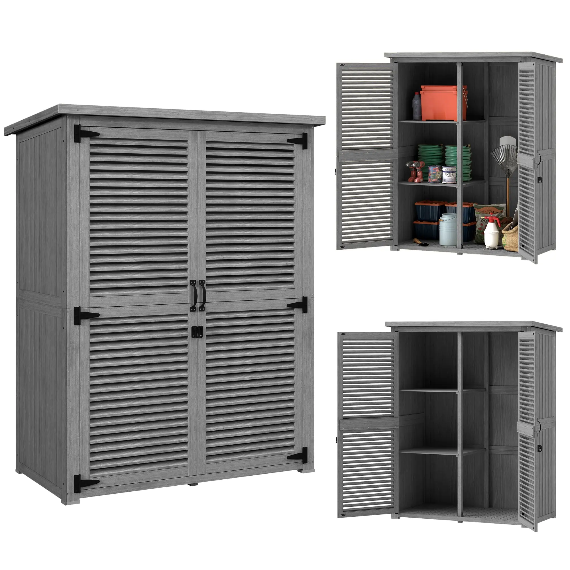 Wooden Garden Storage Cabinet, 127 x 65 x 168 cm (50 x 25.6 x 66 in), Outdoor Shed with 2 Shutter Doors, 2 Shelves, Waterproof Roof, Gray