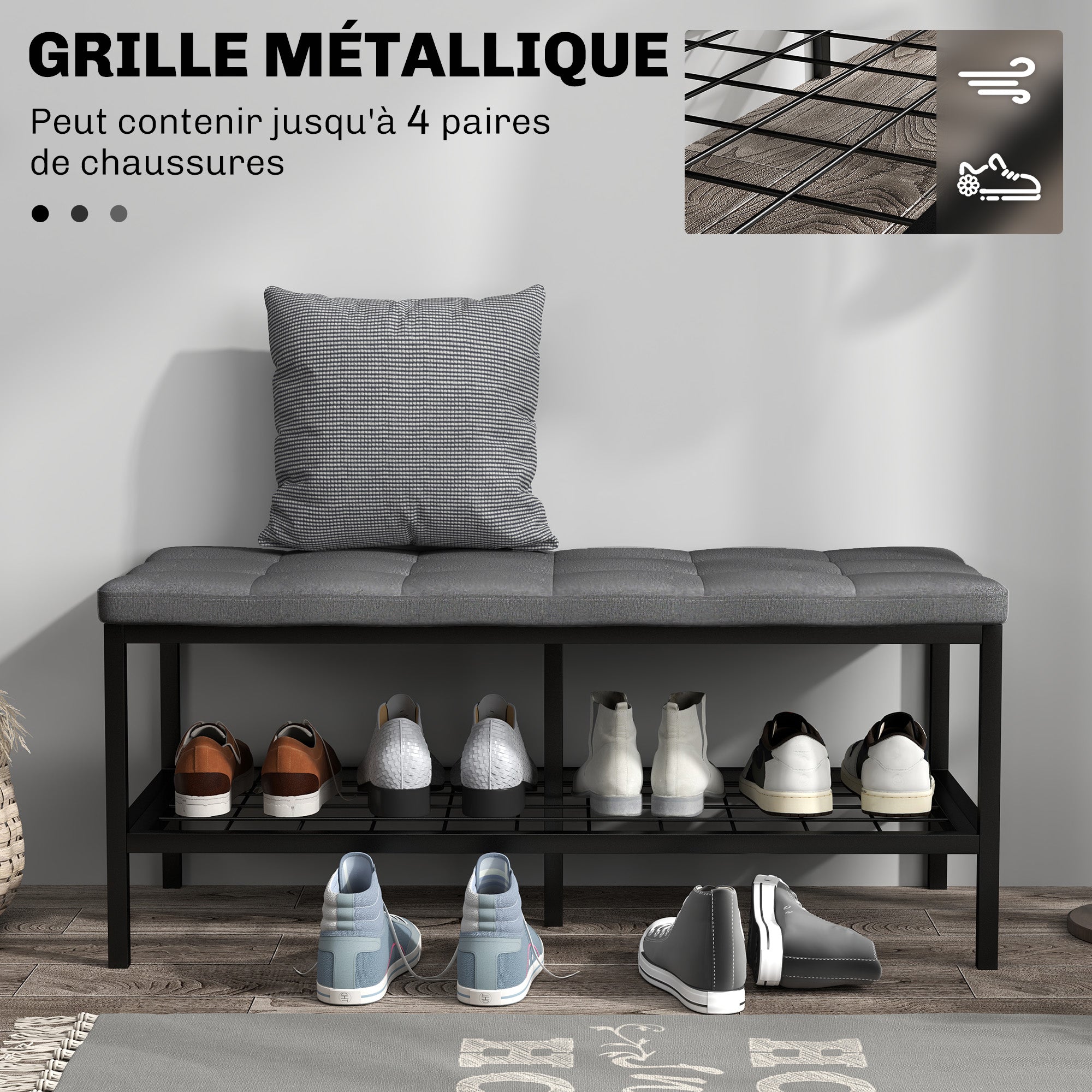 HOMCOM Kingapink Hoiustool Pehme Padjaga ja Hoiusalviga, Esiku Tool Koridori, Magamistuba, 90 x 41 x 40 cm, Hall