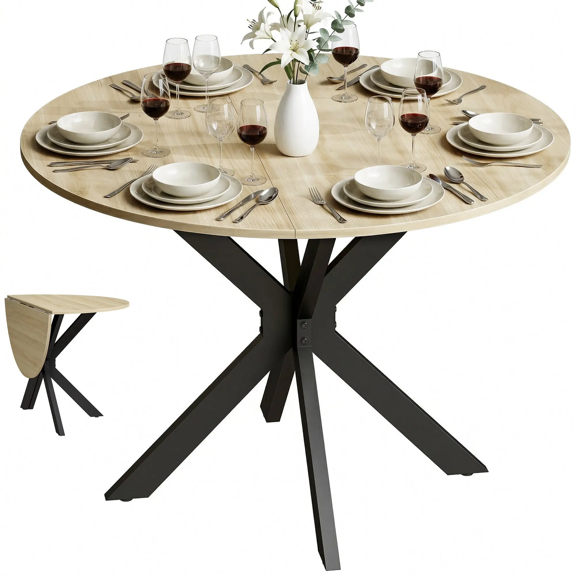 Foldable Round Dining Table for 2–6, Drop-Leaf Top with Crossed Steel Legs, Natural Wood, Ø110 x 76 cm (43.3" x 29.9")