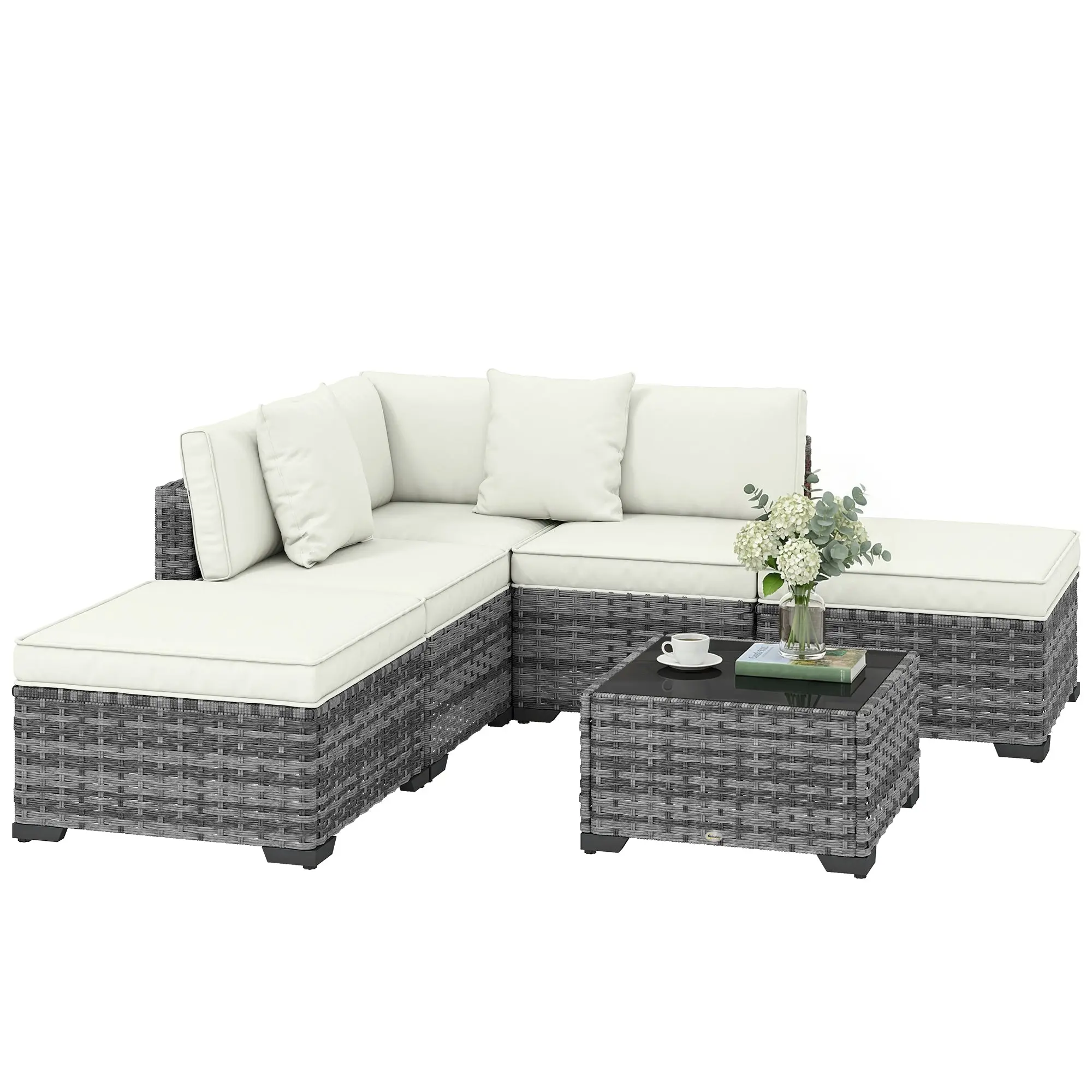 6-Piece L-Shaped Rattan Patio Sofa Set — Armless Sofas, Corner Chair, Ottomans, Cushions & Glass-Top Coffee Table, Gray Mix