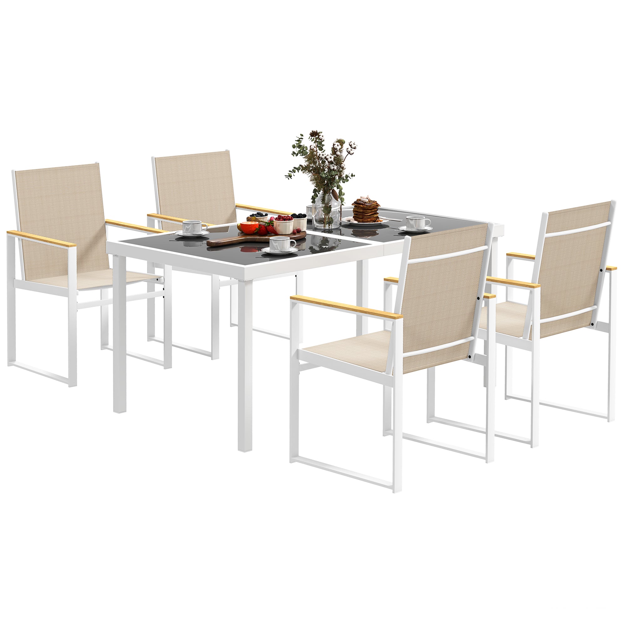 Ensemble de salle à manger Outsunny 5 pcs. Pour 4 personnes, table à manger amovible avec 4 chaises, ensemble de table de cuisine avec cadre en acier, meubles de balcon, meubles de jardin pour terrass