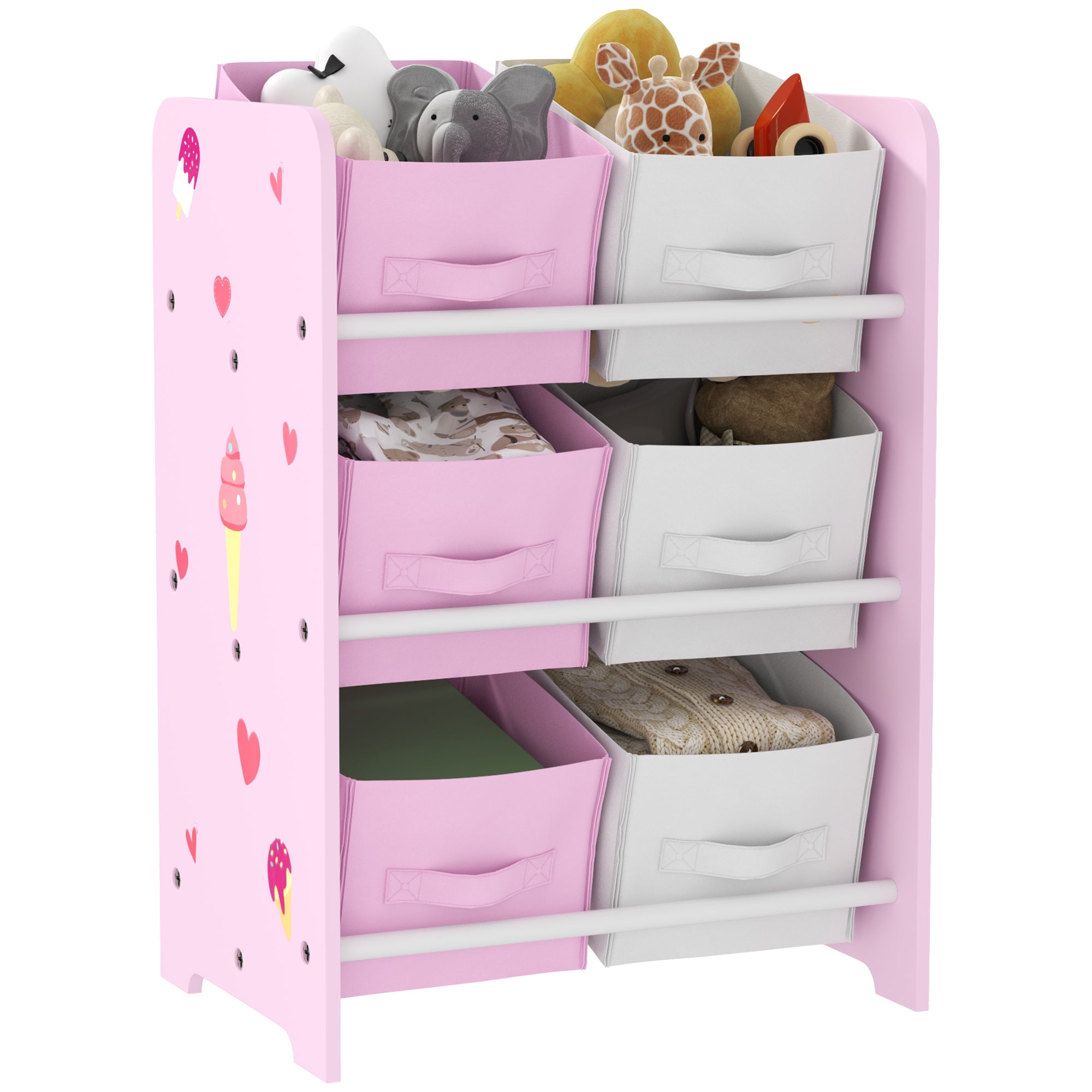AIYAPLAY Bücherregal für Kinder ab 3 Jahren – Spielregal mit 6 abnehmbaren Stoffboxen – Spielzeugorganisator für Schlafzimmer und Kita 43x30x60 cm Pink