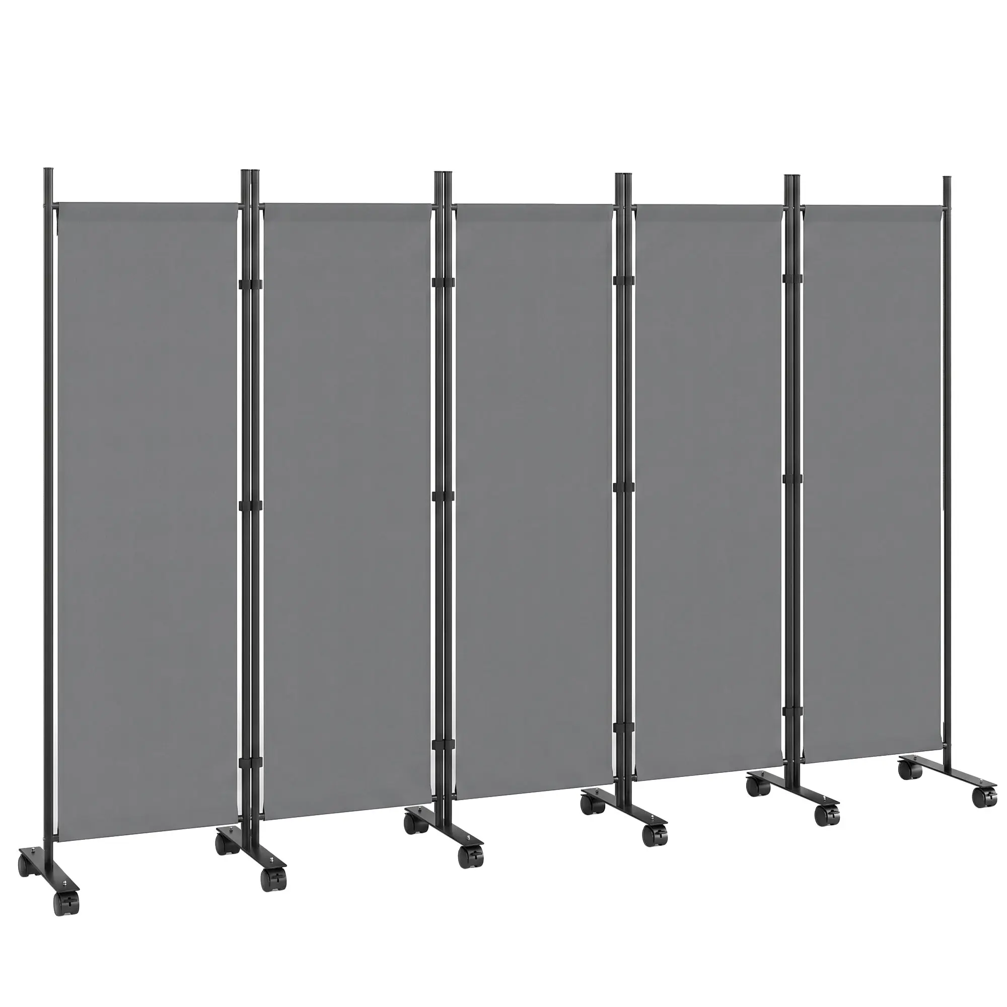 5-Panel Room Divider 99 x 16 x 67 in — Freestanding Folding Privacy Screen with 12 Wheels, Metal Frame, Water-Resistant Polyester, Dark Gray (Indoor/Covered Outdoor)