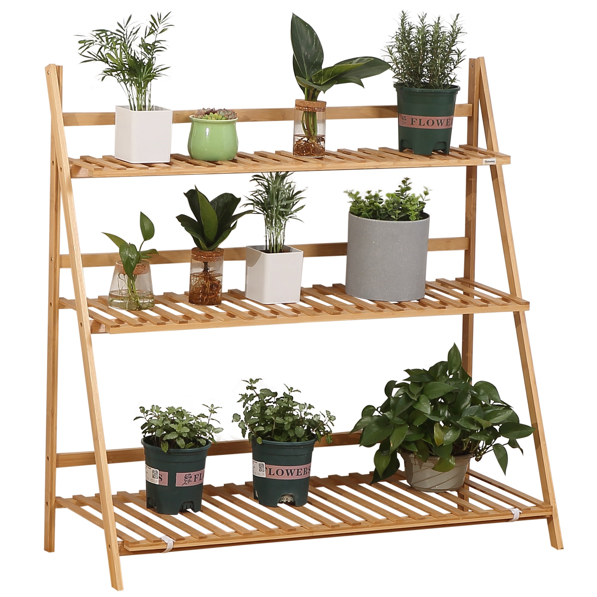 Outsunny 3-stufiges Pflanzenregal aus Bambus Klappregal für drinnen und draußen 98x37x96,5 cm Natur