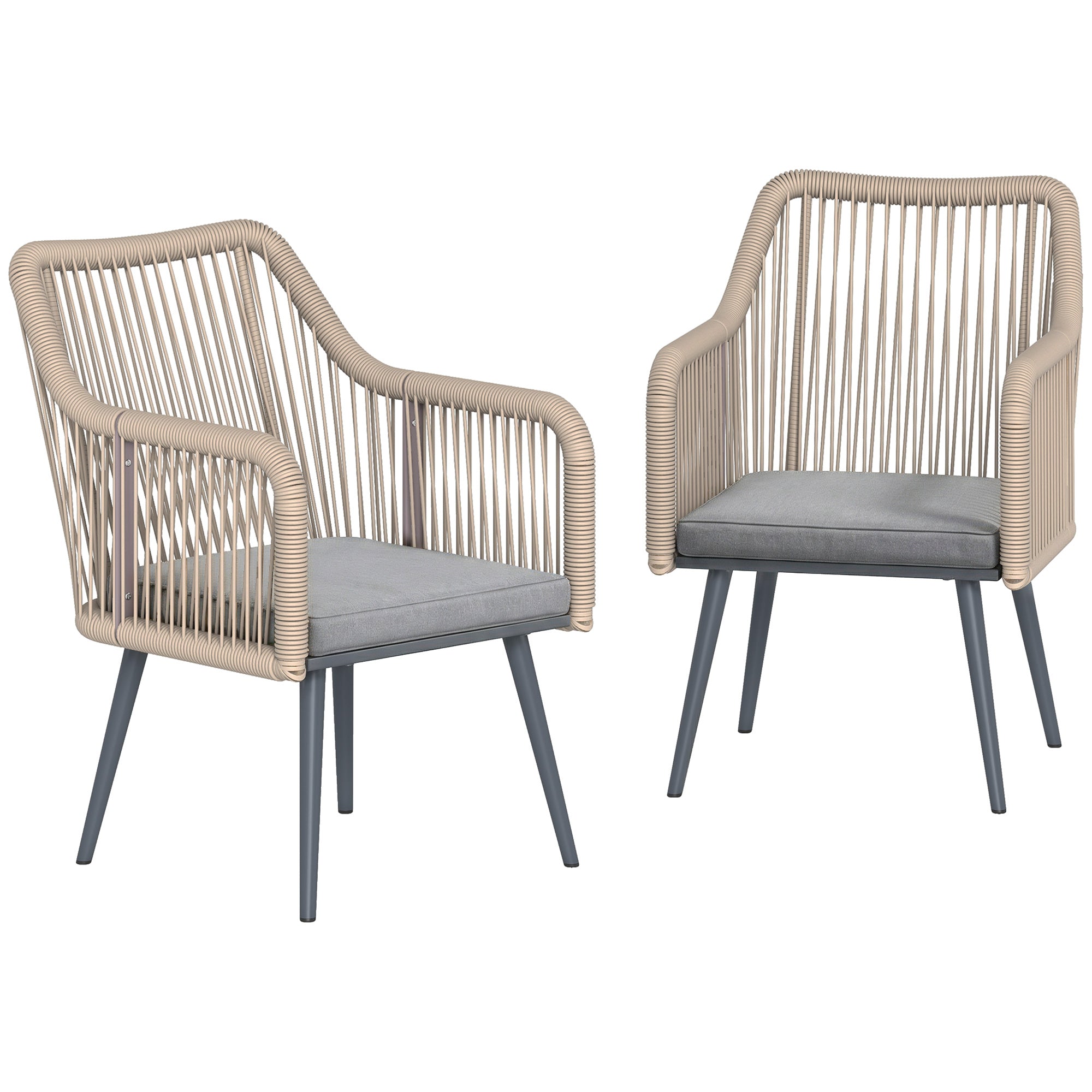 Outsunny 2er-Set Rattan-Gartenstühle mit Polstern, Armlehnen & Stahlgestell – Wetterfest für Balkon/Terrasse, Hellgrau (B x T x H: 54,1 x 65,0 x 80,0 cm)