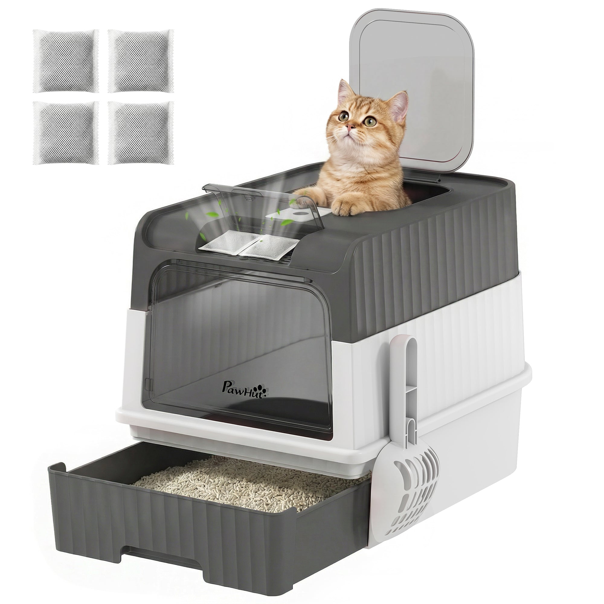Covered Cat Litter Box with Top Exit & Front Entry - Sliding Drawer, Scoop, Odor Filter Bags - Easy to Clean, 48 x 35 x 36 cm (Gray)