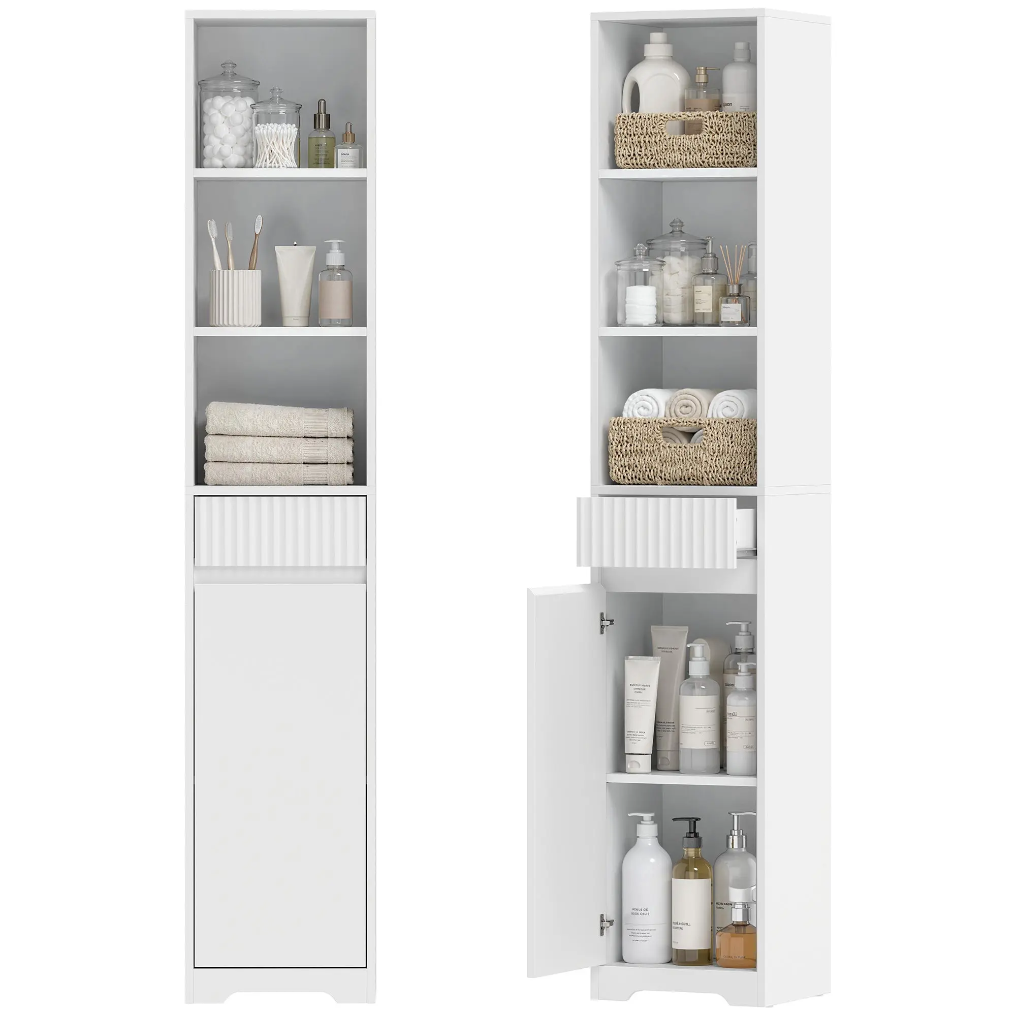 Tall Slim Bathroom Storage Cabinet with Door, Drawer & Open Shelves, Adjustable Shelf, Modern White — 33 x 30 x 172 cm (13 x 11.8 x 67.7 in)