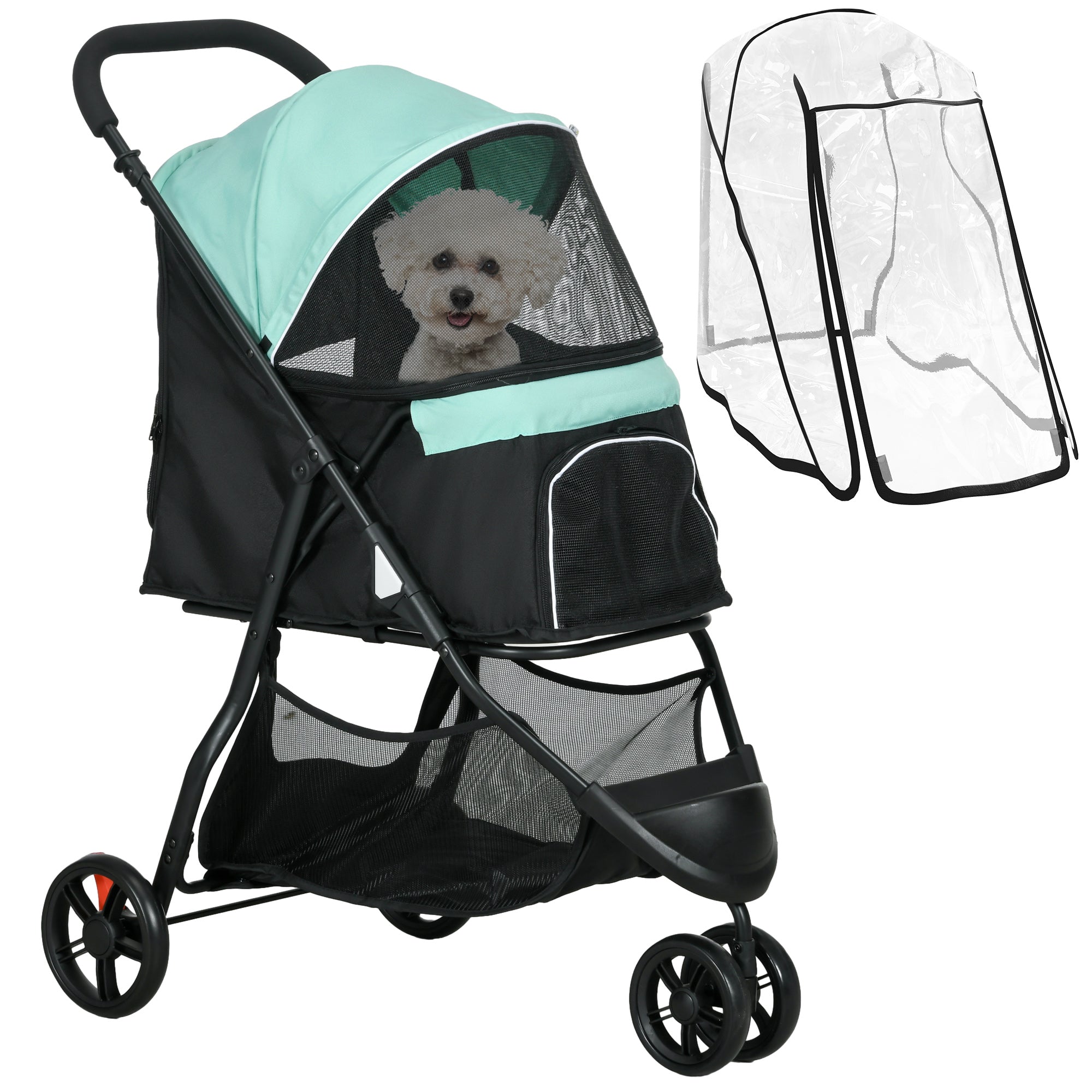 2 in 1 Dog Buggy Dog Stroller with Rain Cover Foldable for Dogs & Cats up to 10 kg Cat Stroller with Cushion Mesh Windows Doors Storage Basket Cat Wagon Buggy Green