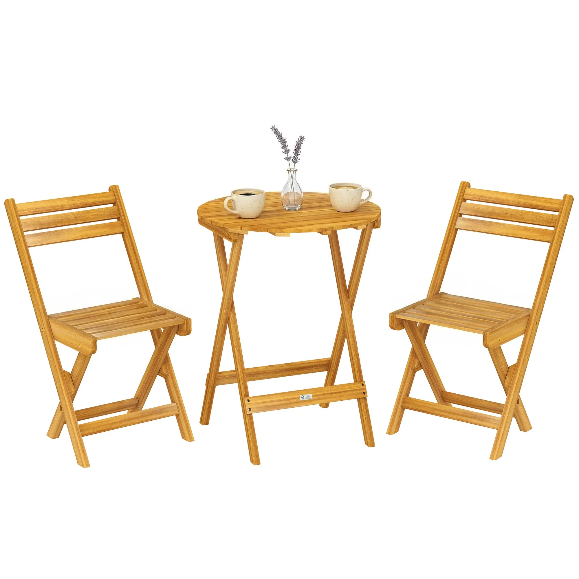 3-Piece Folding Acacia Bistro Set — 24" Round Table & 2 Slatted Folding Chairs, No Assembly, Natural