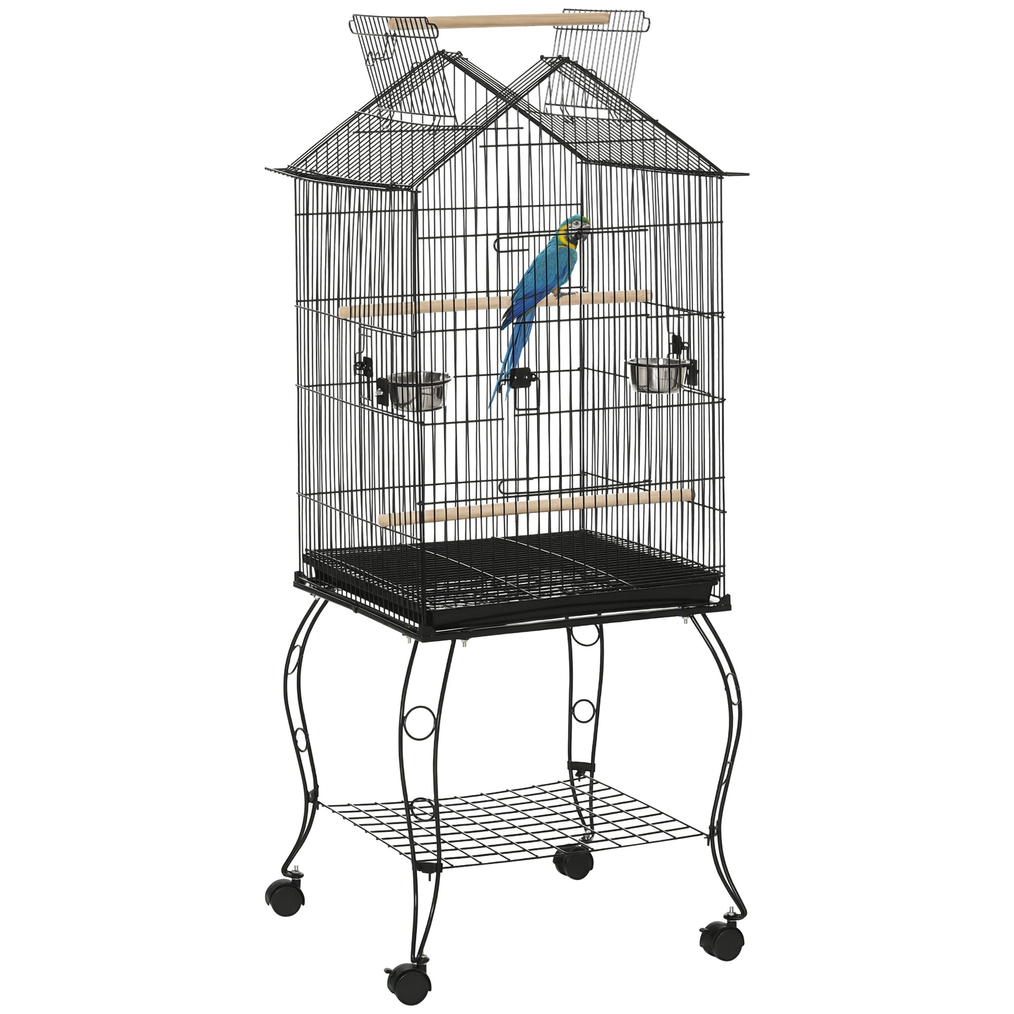 PawHut kanarėlių narvas 50x58x145 cm Metalinis paukščių namelis su 3 durimis, 2 lesyklėlėmis, 3 šakomis, nuimamu padėklu, atvira lentyna ir 4 ratais kanarėlių ir papūgėlių