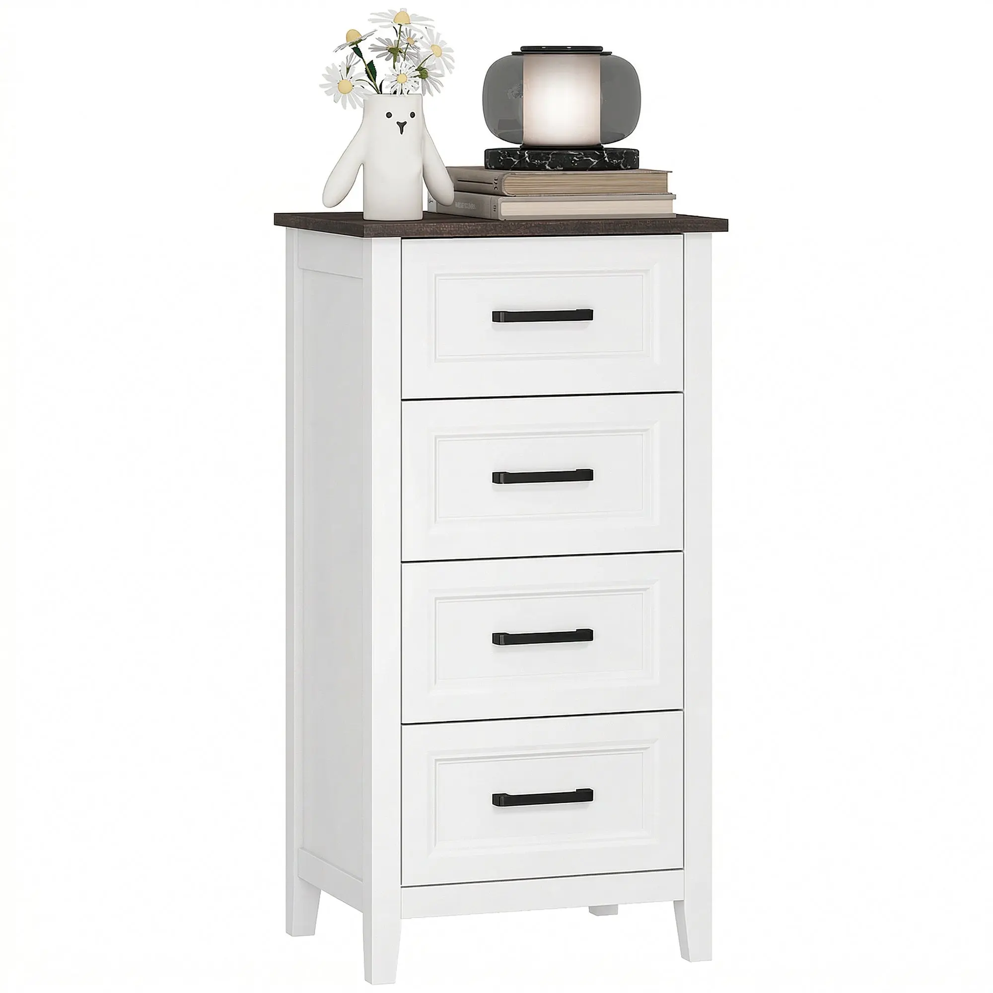 Narrow Tall 4-Drawer Bedroom Dresser with Wood-Effect Top, Space-Saving Chest for Living Room Hallway Entryway, 17.7 x 13.8 x 34.3 in, White
