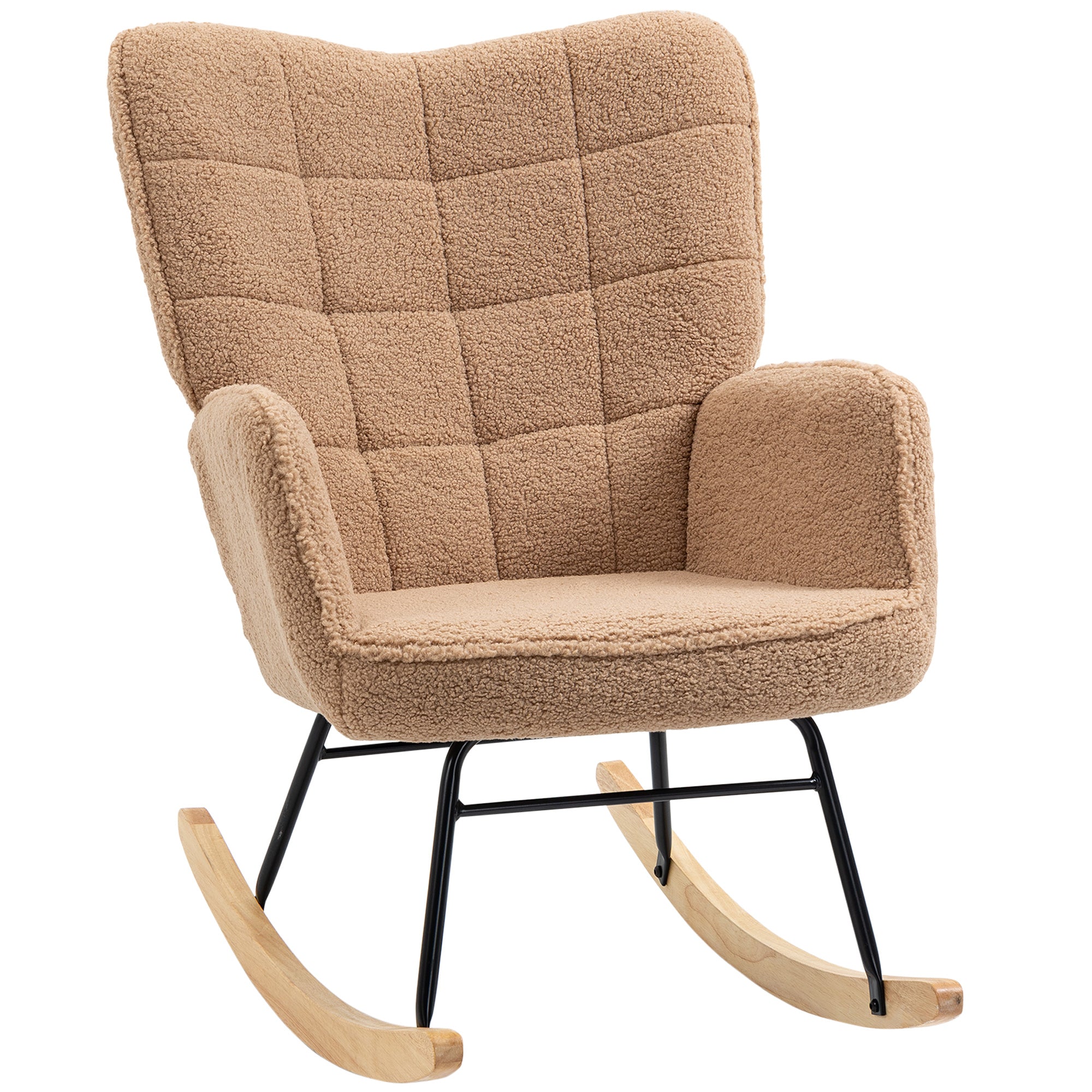 Rocking Chair – Sherpa-Style Padded Armchair with Wooden Rockers, Relax Accent Chair for Living Room & Bedroom, Brown, Supports up to 265 lb