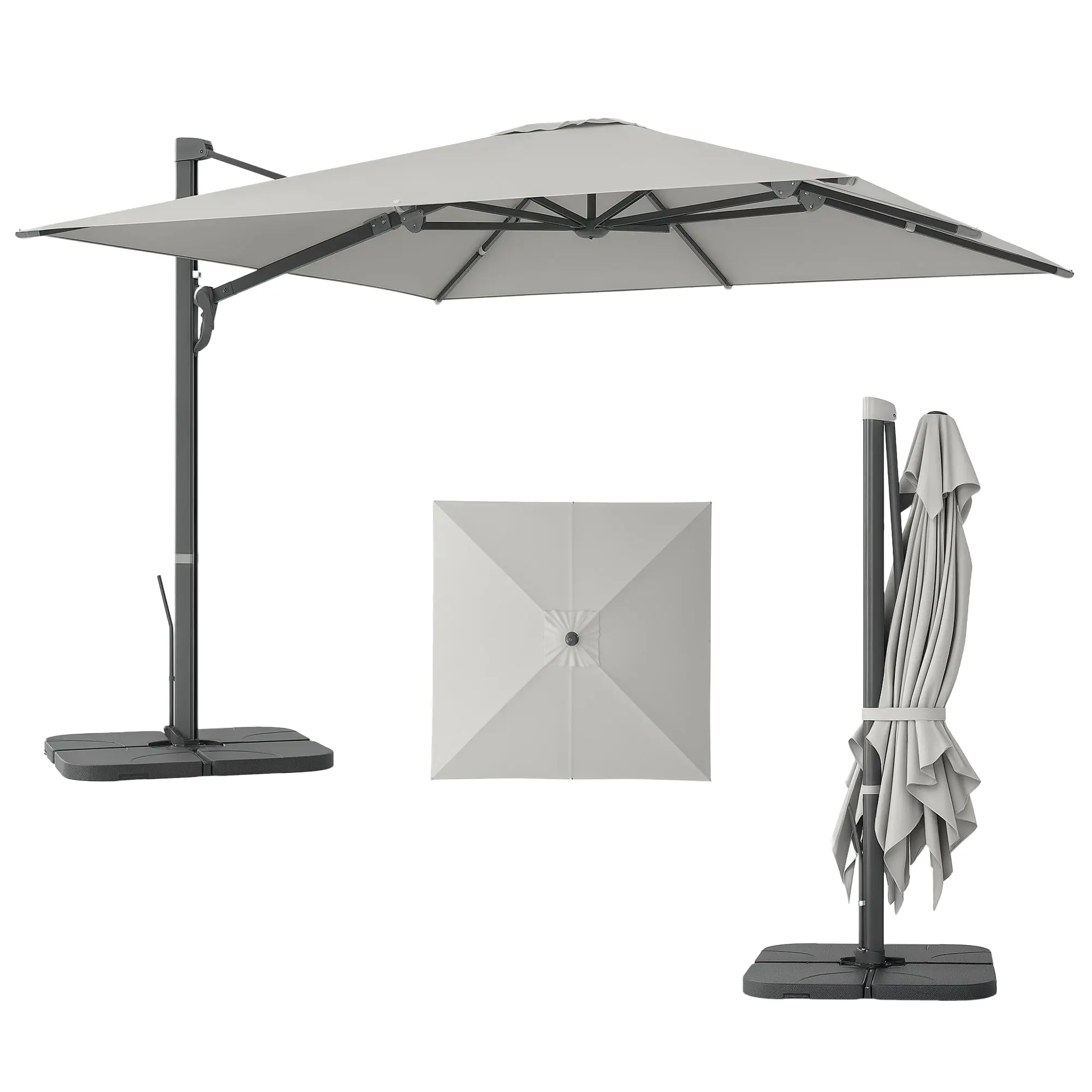 Aluminum Cantilever Umbrella 3 x 3m 360° Rotatable Sunshade with Crank Stand Tiltable Water-Resistant Market Umbrella Height Adjustable Garden Umbrella Crank Umbrella Sun Protection for Garden Balcony Light Gray
