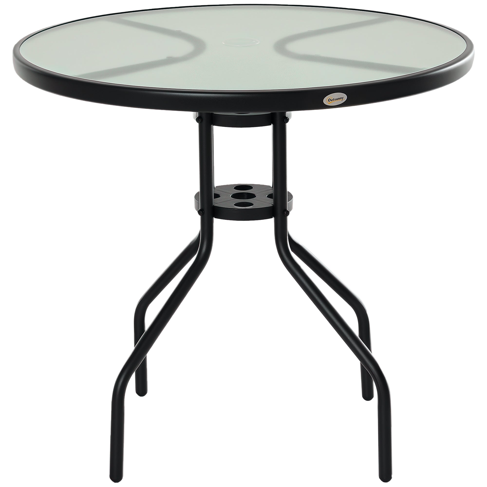Outsunny Runde Gartentisch aus Sicherheitsglas mit Umbrella-Aussparung und Metallstruktur für Terrasse Balkon Garten Outdoor Ø80x72 cm Schwarz