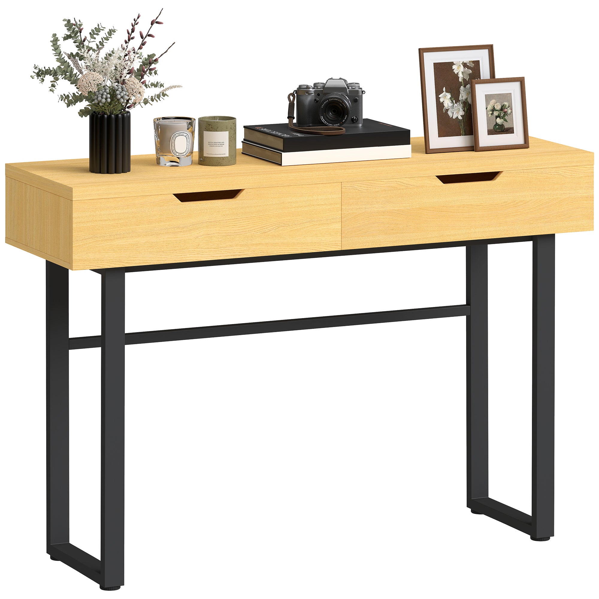 HOMCOM siauras konsolinis stalas su 2 stalčiais, pramoninio stiliaus metalinis rėmas, natūrali mediena – 110 × 35 × 76,5 cm