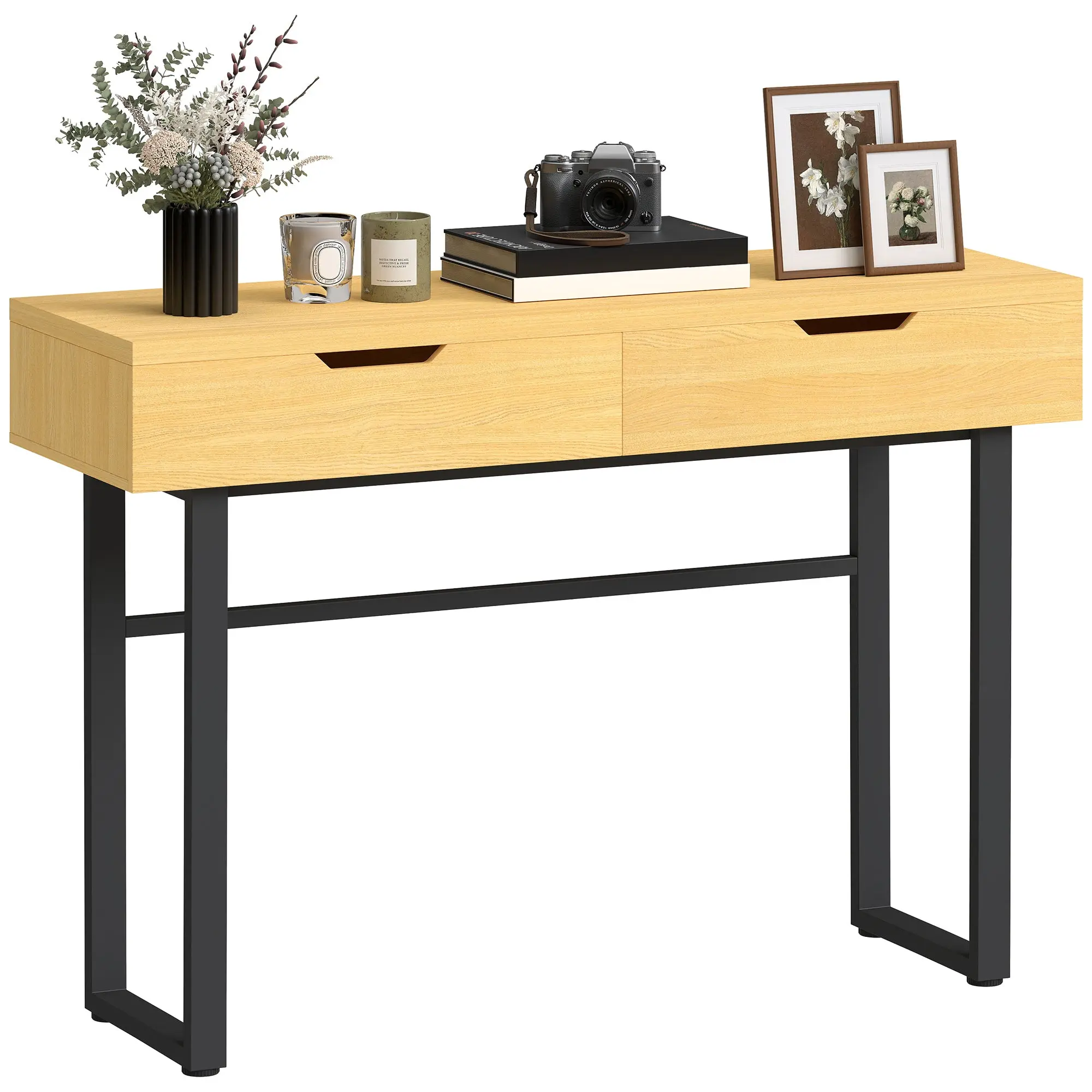 Narrow Console Table with 2 Drawers, Industrial Metal Frame, Natural – 110 × 35 × 76.5 cm (43.3″ × 13.8″ × 30.1″)