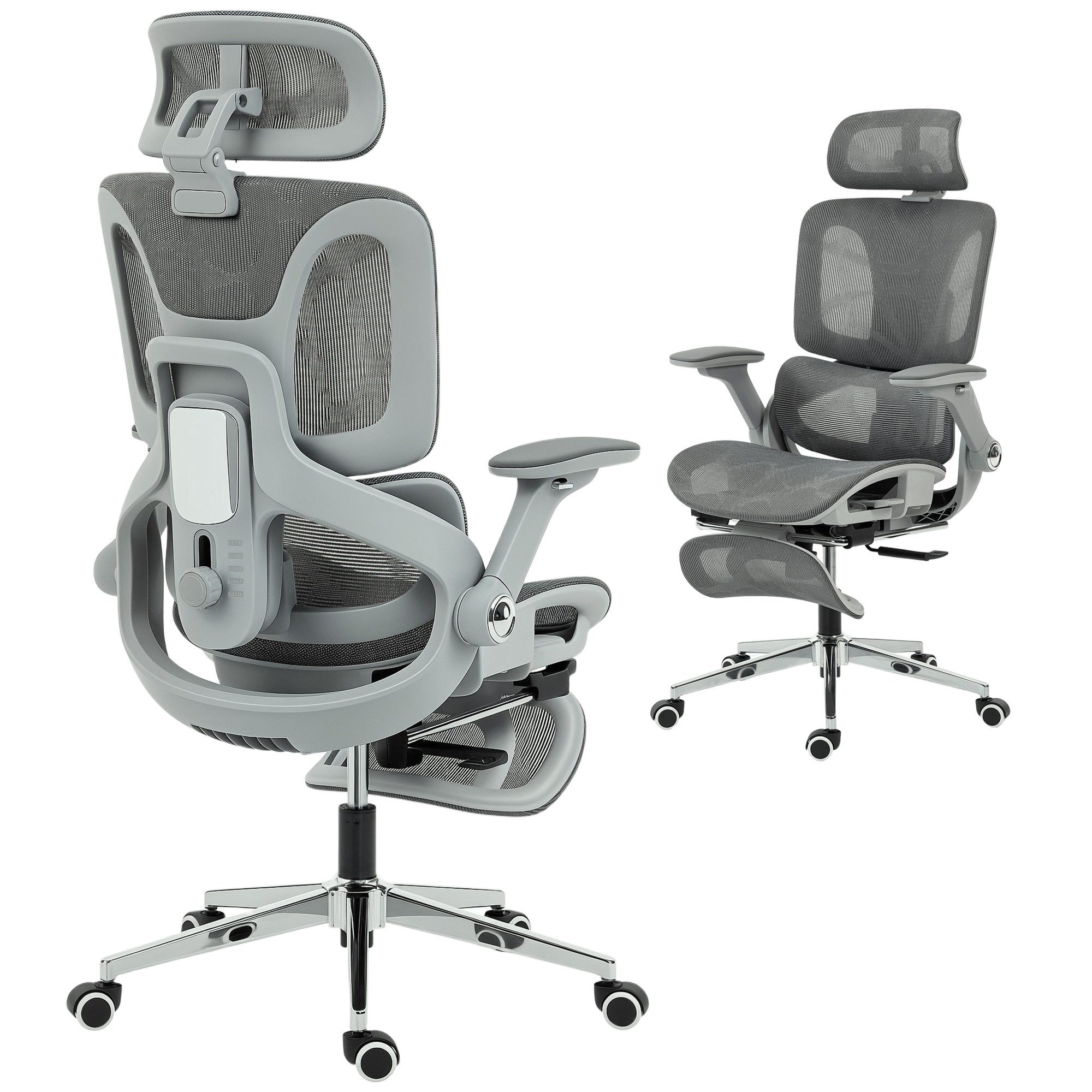 Ergonomic Mesh Office Chair — 4D Armrests, Adjustable Headrest & Seat Depth, Lumbar Support, 135° Recline with Footrest — Gray