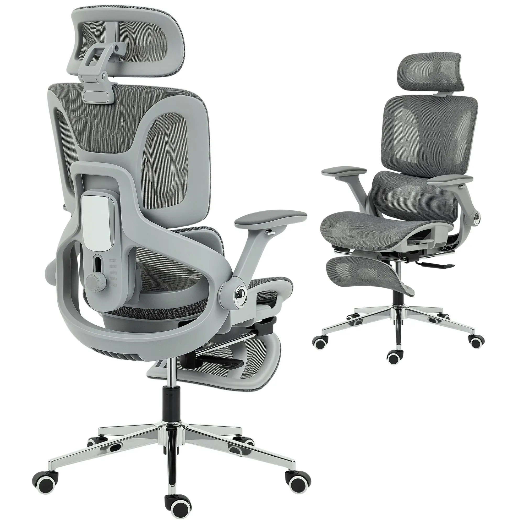 Ergonomic Mesh Office Chair — 4D Armrests, Adjustable Headrest & Seat Depth, Lumbar Support, 135° Recline with Footrest — Gray