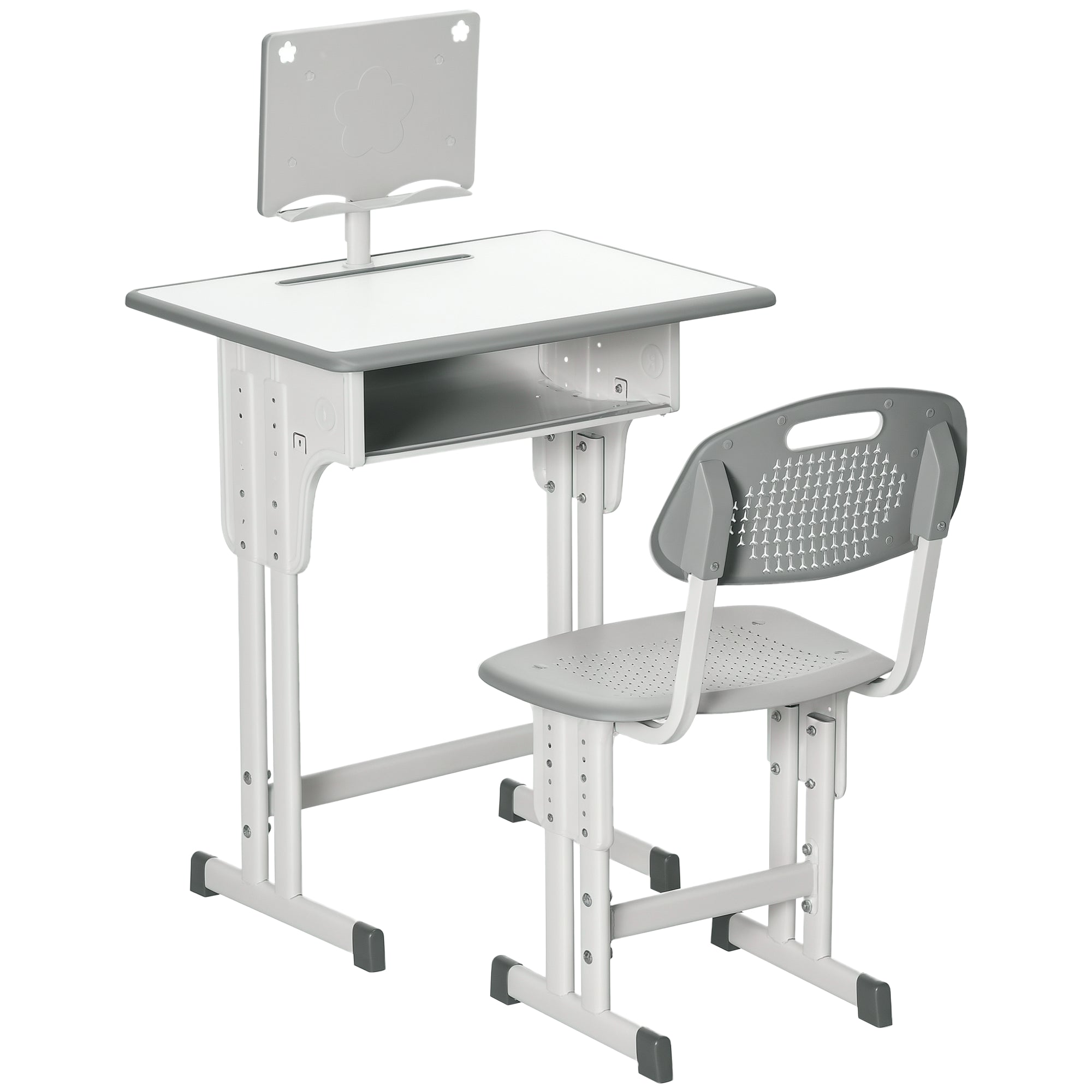 Kids Desk and Chair Set for 6-12 Year Olds Children Adjustable Height Desk with 1 Drawer 1 Pencil Slot and 1 Bookshelf Steel 60x45x90-102 cm Gray
