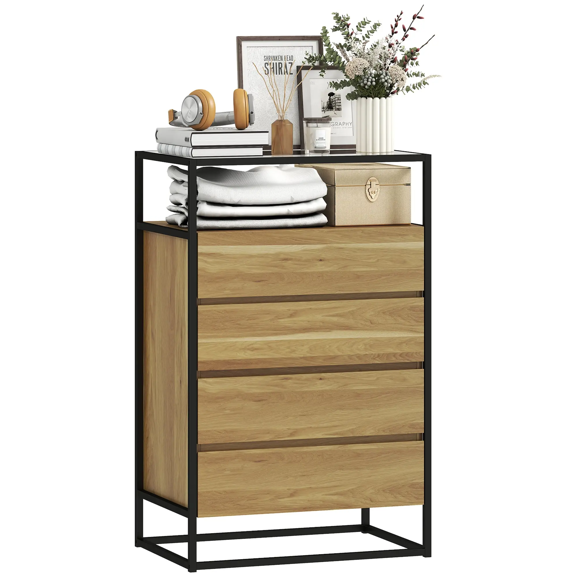 4-Drawer Dresser with Tempered Glass Top, Open Shelf & Steel Frame, Teak Finish — 60 x 40 x 94.5 cm