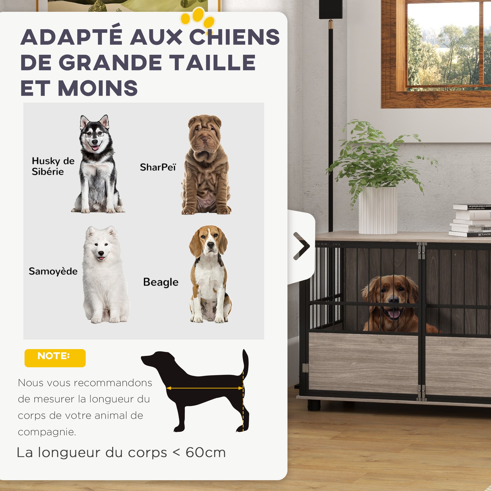 Cage pour Chien Intérieur PawHut, Table d'Appoint, 100 x 60 x 68 cm, pour chiens jusqu'à 30 kg, 3 portes verrouillables, montage facile, aspect bois noir