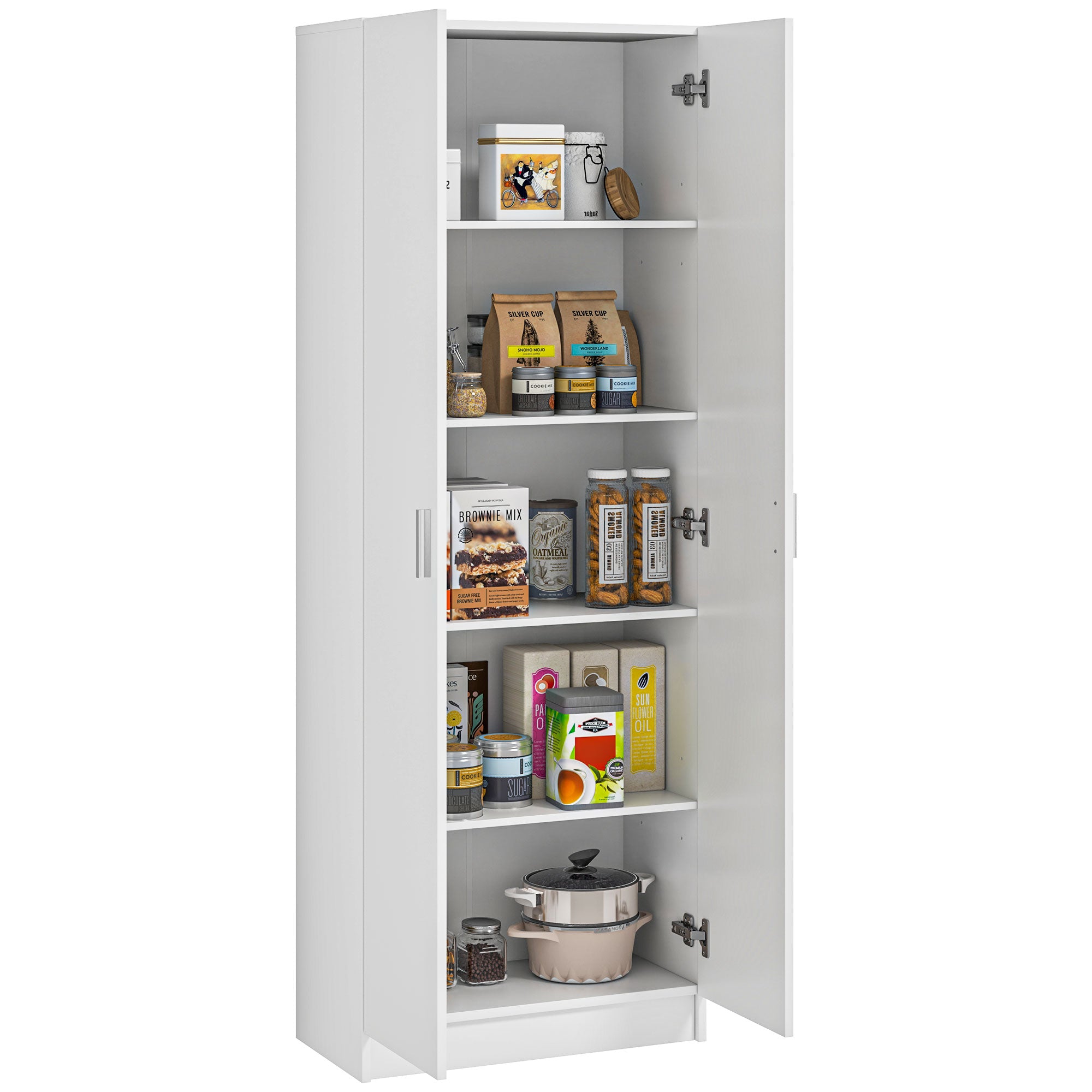 Multi-Purpose Wardrobe with Swing Doors, 5 Shelves, and 3 Adjustable Levels, Chipboard Wooden Credenza for Shoes, Entryway, Bedroom, and Bathroom, 60x31.5x165 cm, White