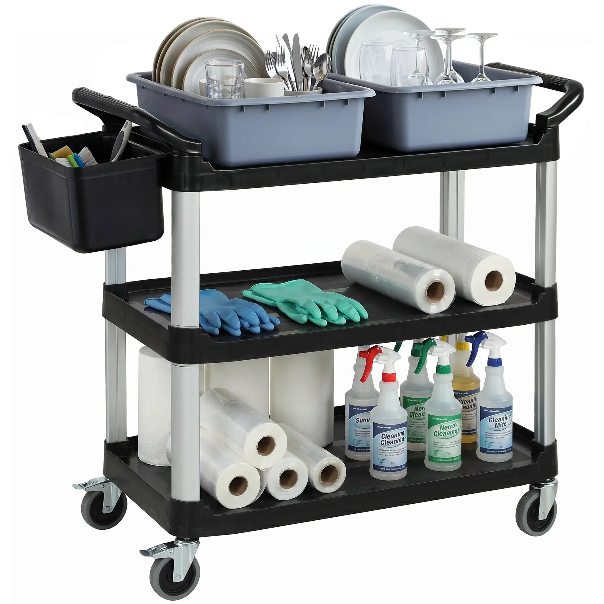 Cleaning Cart with Wheels, Service Trolley with 3 Shelves, 2 Removable Bins & Hanging Side Bucket, Aluminum Frame, 220 lb Capacity, 45.3x19.7x39.4 in (115x50x100 cm), Black