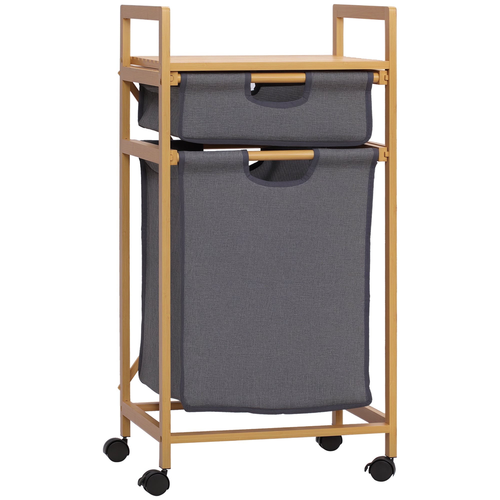 HOMCOM Wäschekorb aus Bambus mit 2 abnehmbaren Stofftaschen, offener Ablage, 2 seitlichen Griffen und 4 Rädern, 42x35x85 cm Grau